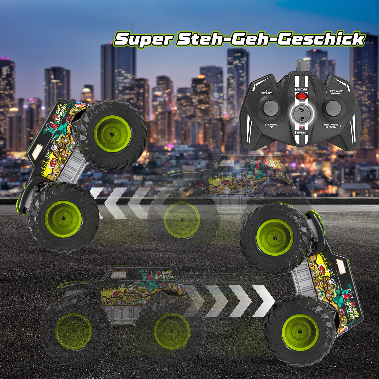Esun RC-Auto Monster Truck Ferngesteuert mit Licht 360°Drehung Ferngesteuertes Auto (SET, 2.4GHz Ferngesteuerter Monstertruck), 1:16 Amphibienfahrzeug Ferngesteuerter Monstertruck