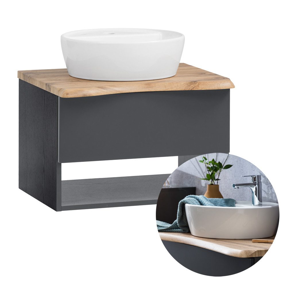 Lomadox Waschtisch KAHLA-03, graphit Abdeckplatte Eiche und Front anthrazit matt 61/54,5/52 cm