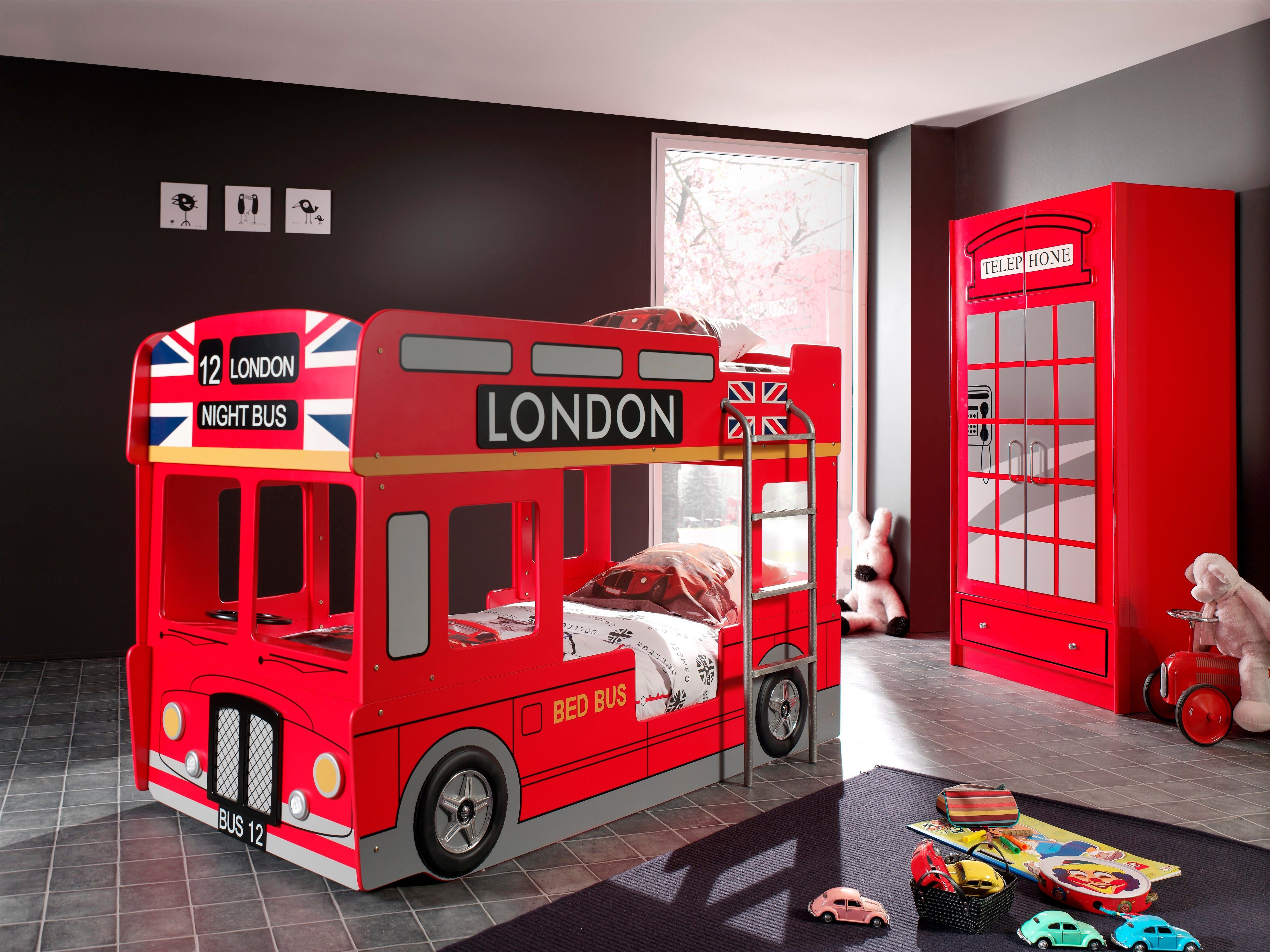 Vipack Etagenbett London, in Londoner Stadtbuss-Optik, das Highlight im Kinderzimmer (B/H/T ca. 215x132x100cm, MDF rot lackiert mit Applikationen), inkl. Bodenplatten für die Matratzenauflagen und seitlicher Leiter