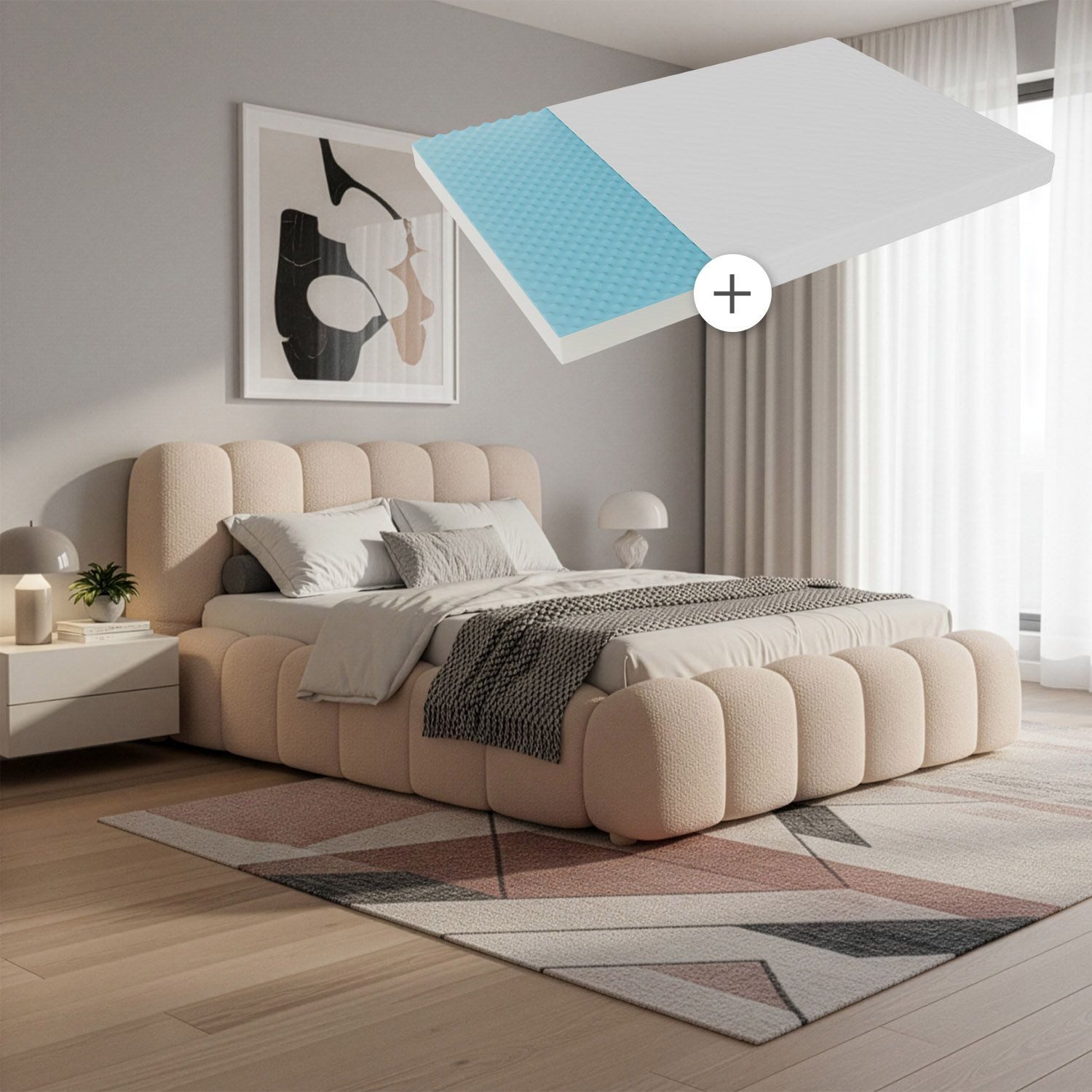 Juskys Polsterbett Catania, Mit Matratze, gepolstertes Kopfteil, Bubble Design, Bouclé Stoff