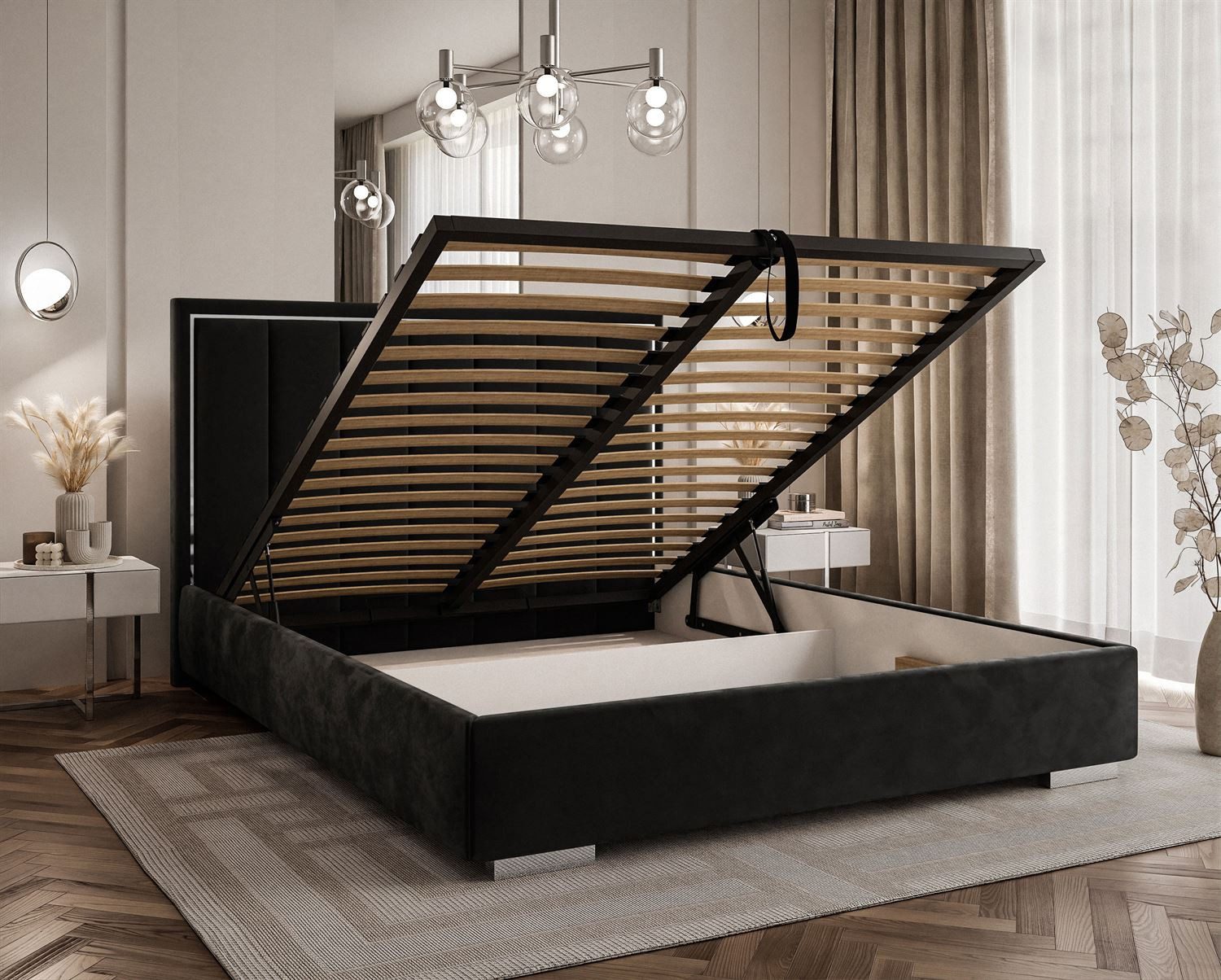 Lookway Polsterbett AURELIA SILVER mit Bettkasten, Metallrahmen und 123 cm hohem Kopfteil (Bett mit Metallgestell), Bett in 4 Größen und 5 Farben