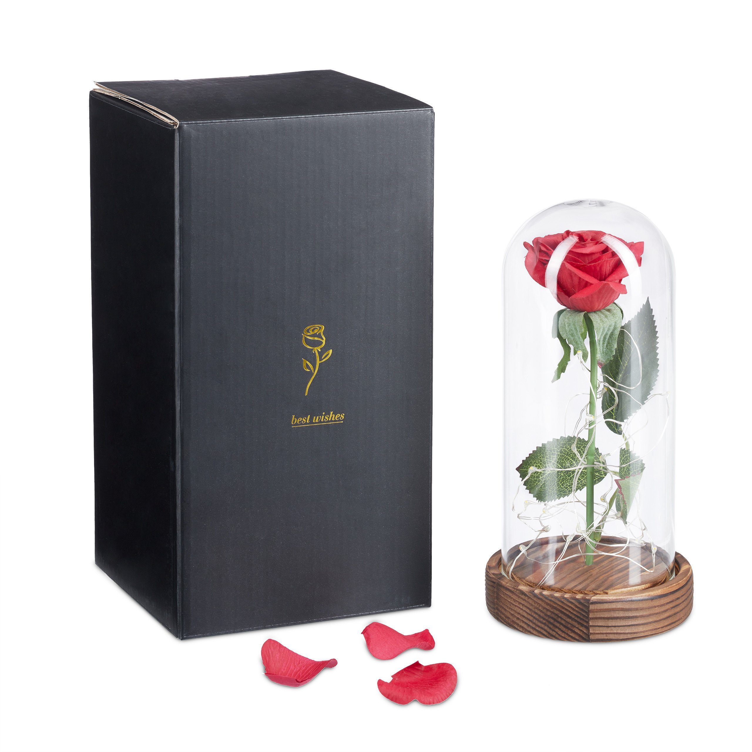 Kunstblume Ewige Rose im Glas mit Licht, relaxdays, Höhe 22 cm