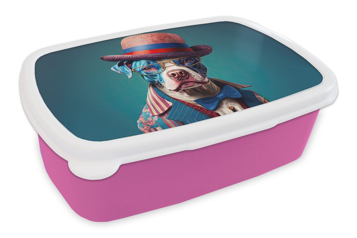 MuchoWow Lunchbox Hund - Hut - Jacke - Blumen - Blau, Kunststoff, (2-tlg), Brotbox für Erwachsene, Brotdose Kinder, Snackbox, Mädchen, Kunststoff rosa | Lunchboxen