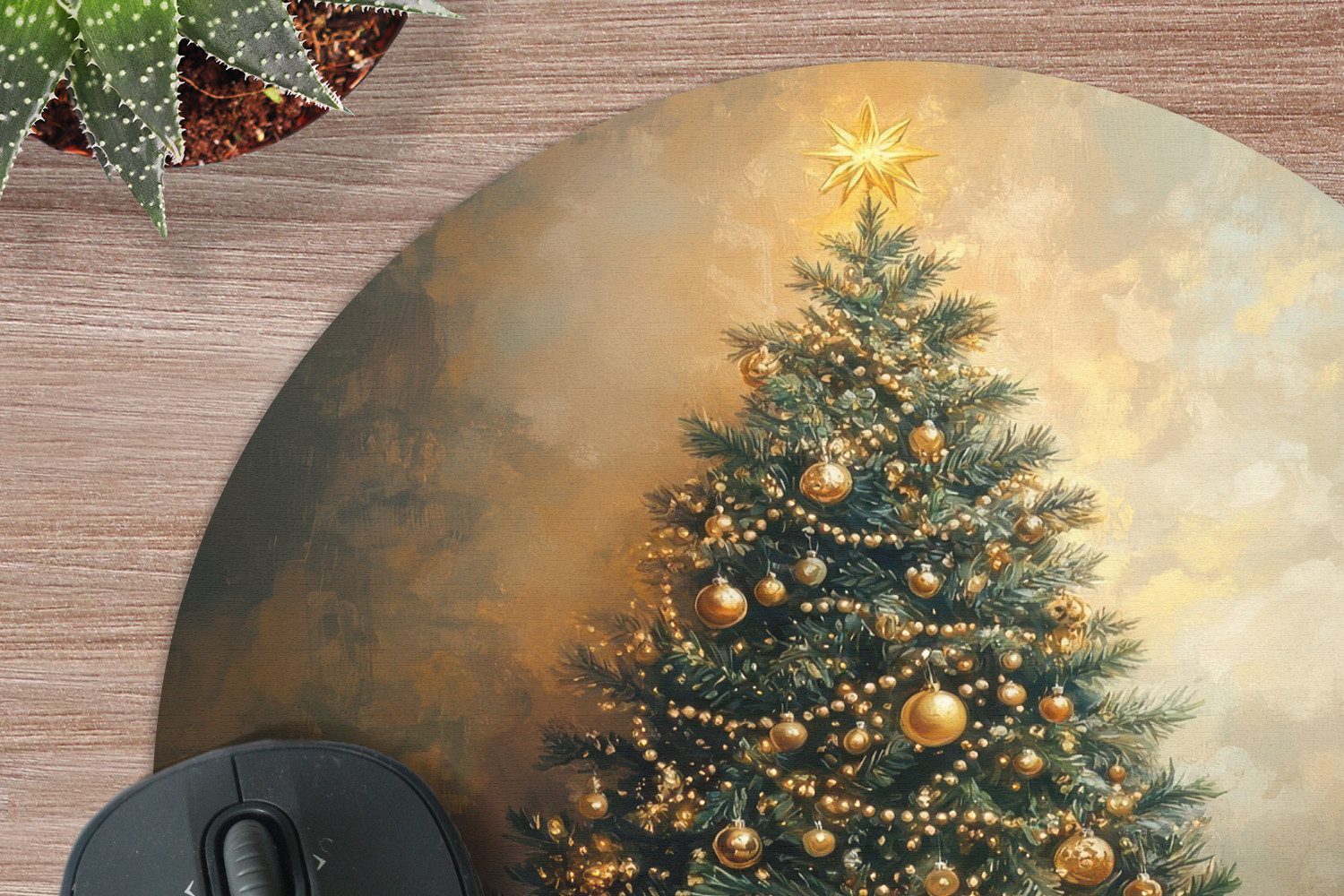 MuchoWow Mauspad Weihnachtsbaum - Geschenke - Gold (1-St), Büro für Tastatur und Maus, Mousepad Gaming, Rund 20x20 cm