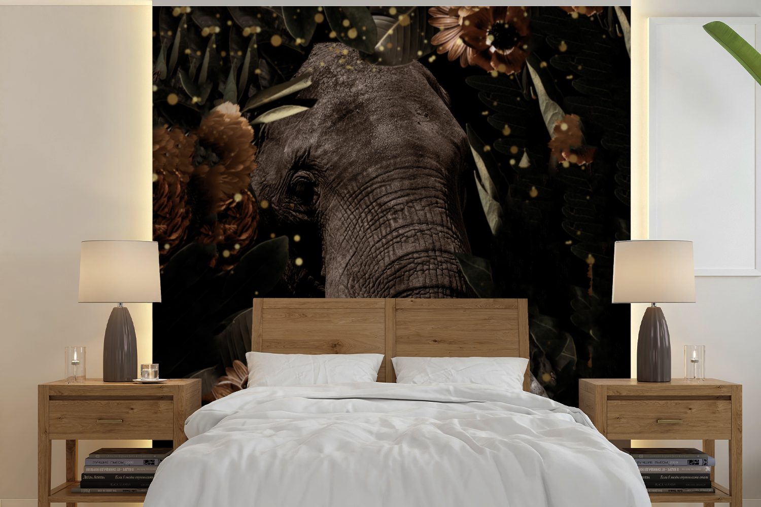 MuchoWow Fototapete Elefant - Blumen - Licht - Botanisch, Matt, bedruckt, (5 St), Vinyl Tapete für Wohnzimmer oder Schlafzimmer, Wandtapete