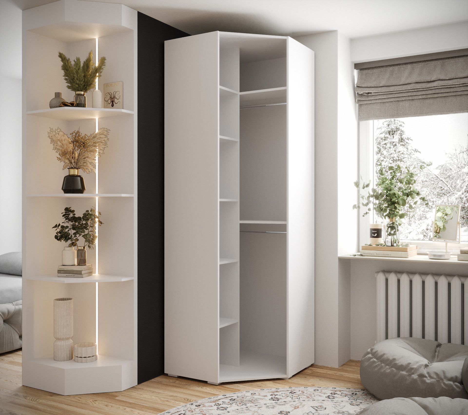 ABIKS MÖBEL Eckschrank Inova 1 Eckkleiderschrank mit Kleiderstange und Regalen