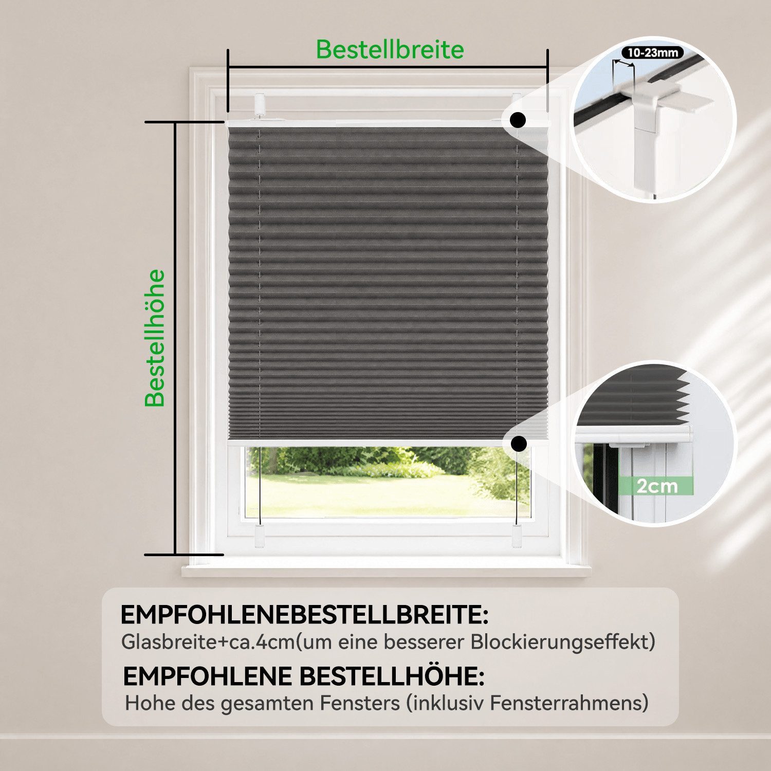 OUBO Plissee Faltrollo Ohne Bohren, Lichtschutz, Klemmträger,Easyfix, Lichtschutz, verspannt, Klemmfix, Jalousie für Fenster & Tür