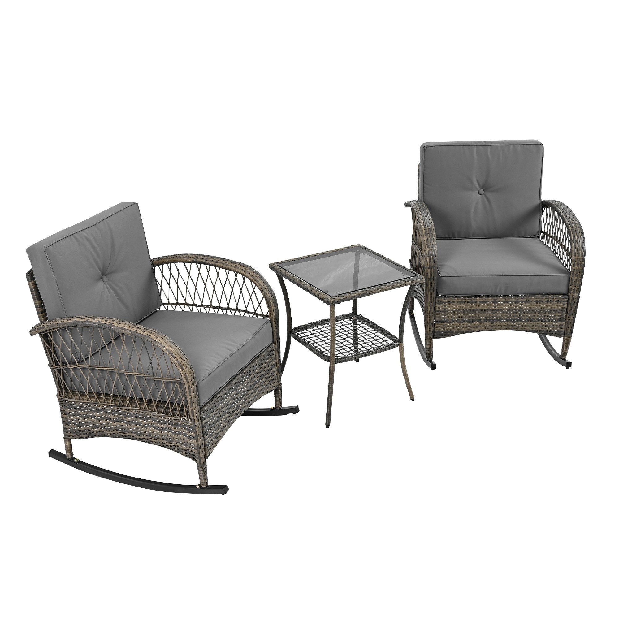 HAUSS SPOLE Gartenlounge-Set 3-teilig Rattan Balkonset Akazienplatte mit grauen Kissen, Grau, (Gartenlounge-Set, Gartenset, 3-tlg., 2 Schaukelstuhl + 1 Tisch), mit grauen Kissen, Akazienplatte