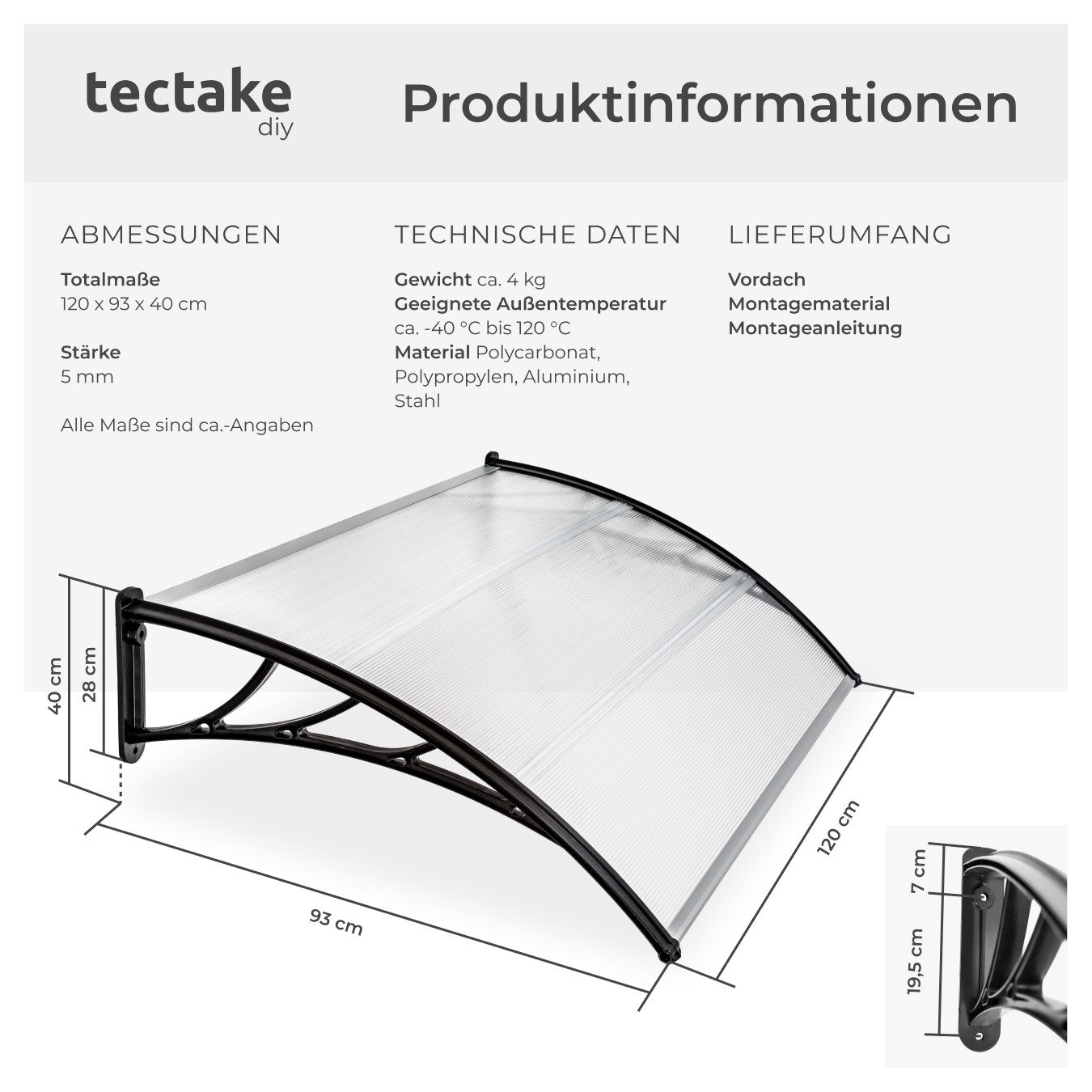 tectake Anbaudach Vordach transparent, wetterfest und UV-beständig, 120 x 93 cm, in Bogenform für Haustier, Balkon und Garten