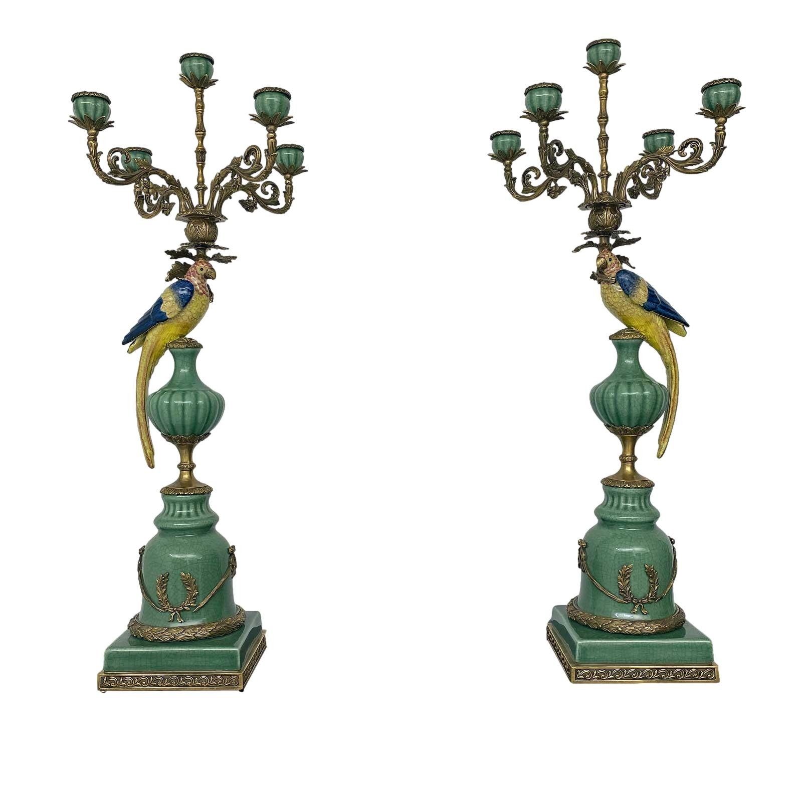 Aubaho Kerzenständer Paar Kerzenständer Porzellan Messing Vogel Papagei  Skulptur Antik-Stil 84cm