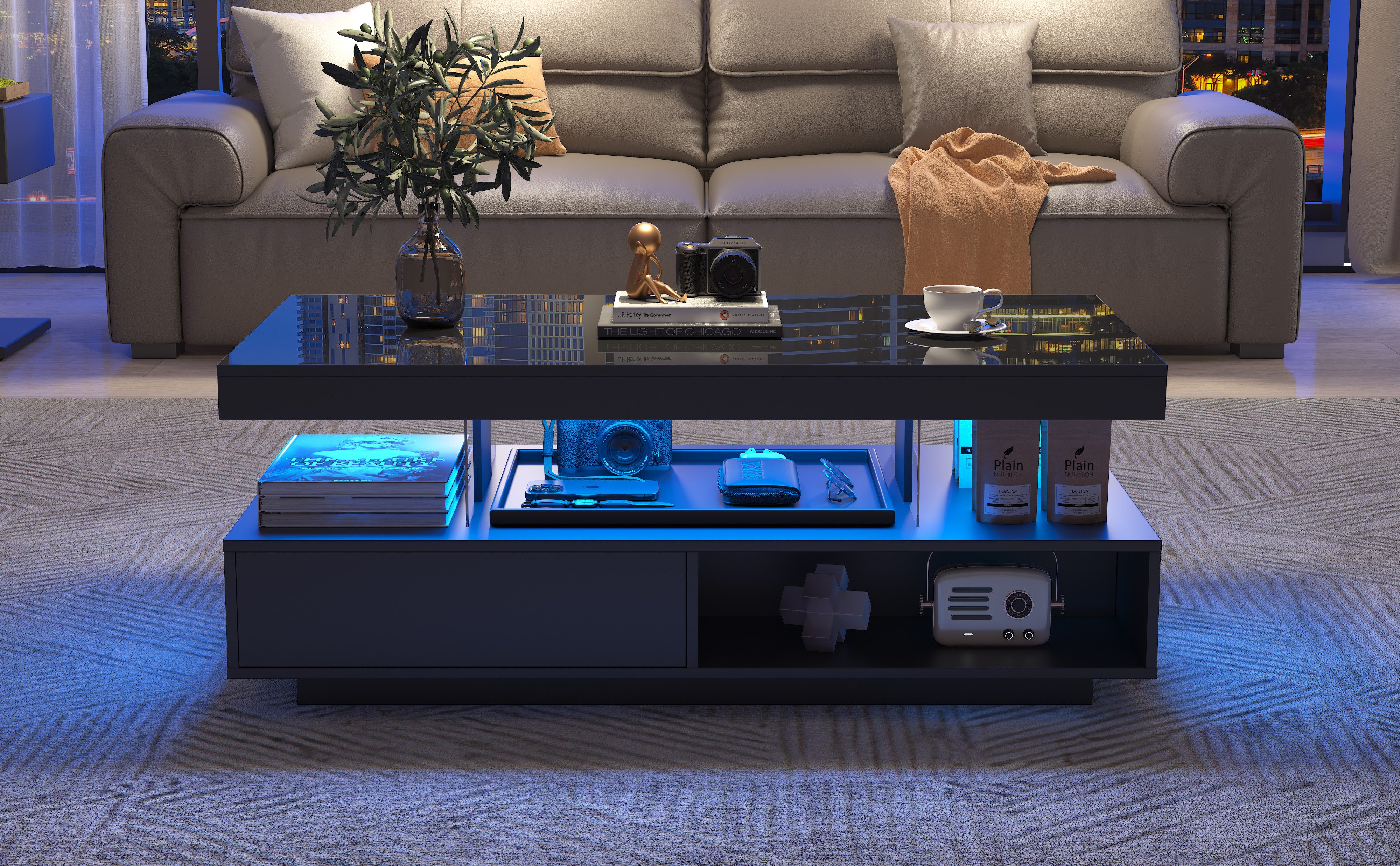 REDOM Couchtisch Kaffeetisch Beistelltisch Sofatisch Wohnzimmertisch (Beistelltisch mit 2 Schubladen, 1-St., mit LED-Beleuchtung und hochglänzender Tischplatte), Wohnzimmertisch mit Glastrennwände