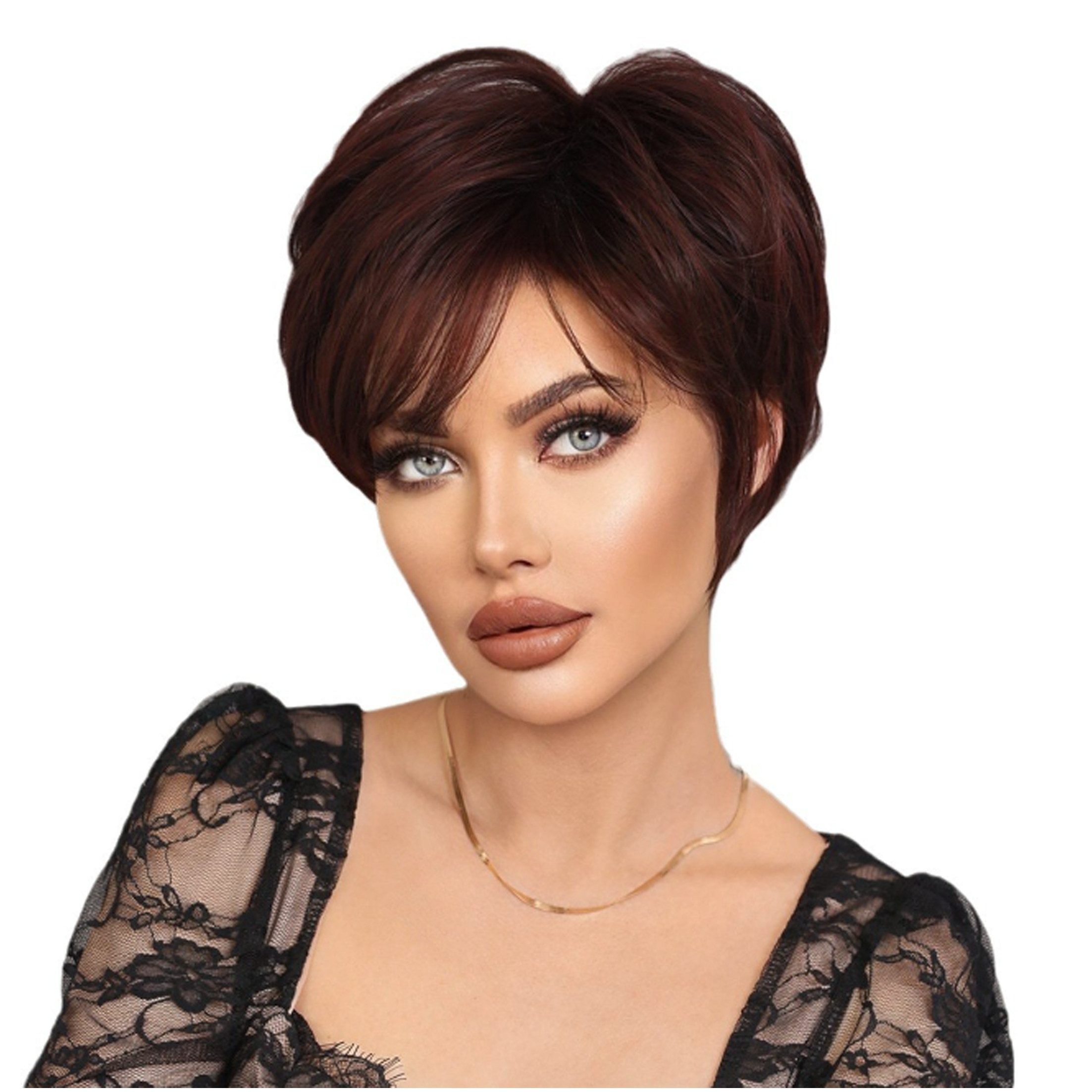 KINSI Kunsthaarperücke Kurze Perücke mit Schrägpony,Kurze Damenperücke,Täglicher Tragekomfort, Atmungsaktiv & leicht,Natürlicher Haarschnitt für jede Gesichtsform