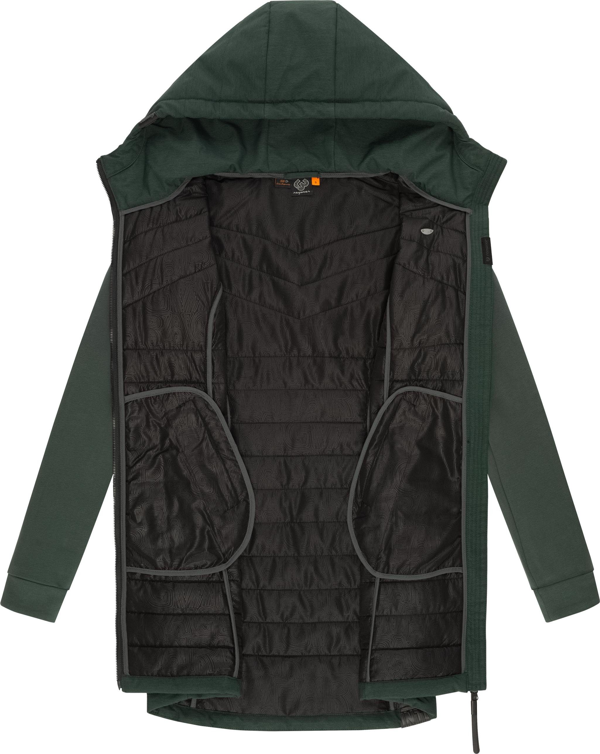 Ragwear Steppmantel Lucinda Long mit Mantel Kapuze dunkelgrün aus modernem Materialmix