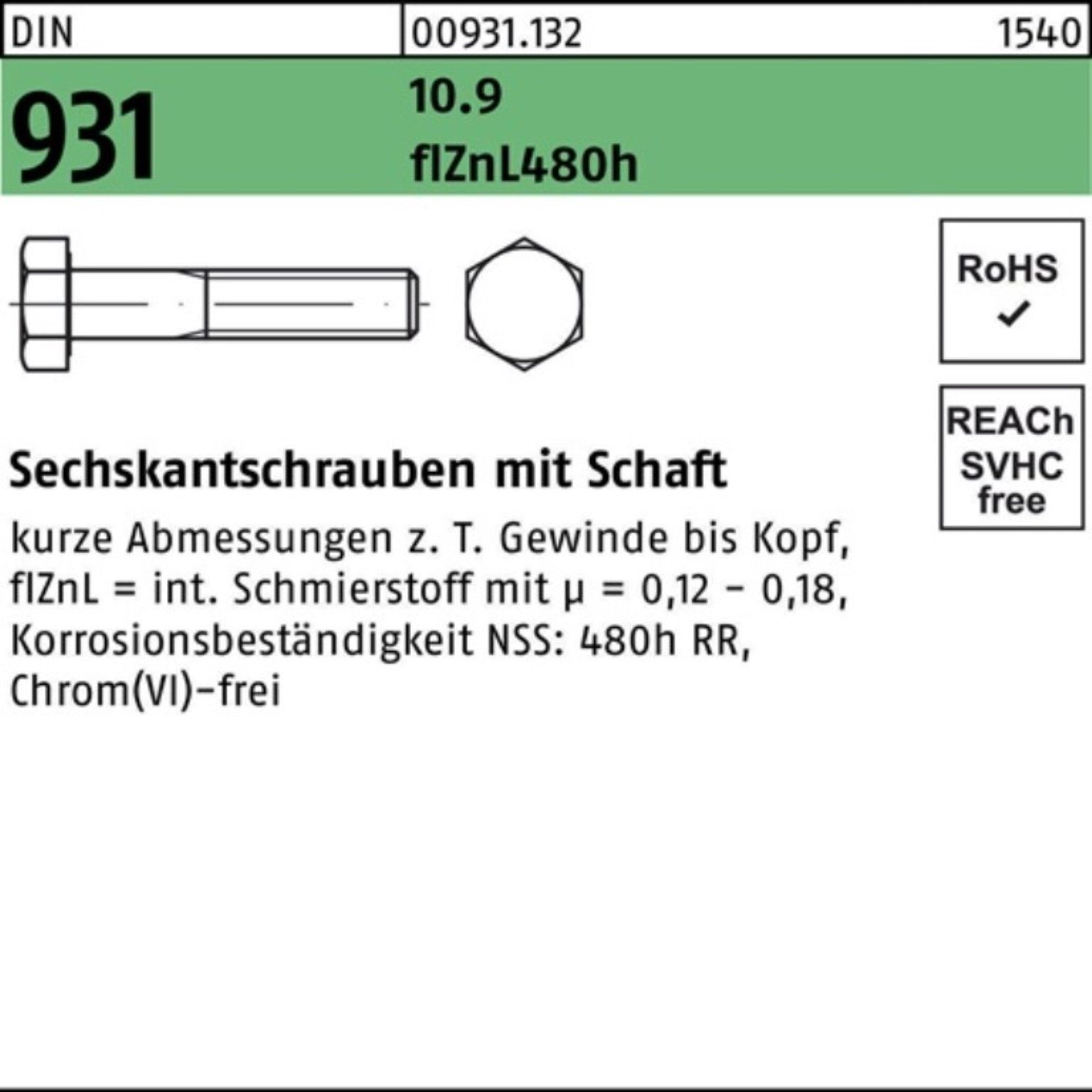 Reyher Sechskantschraube 200er Pack Sechskantschraube DIN 931 Schaft M6x 60 10.9 flZnL/nc/x/x/4