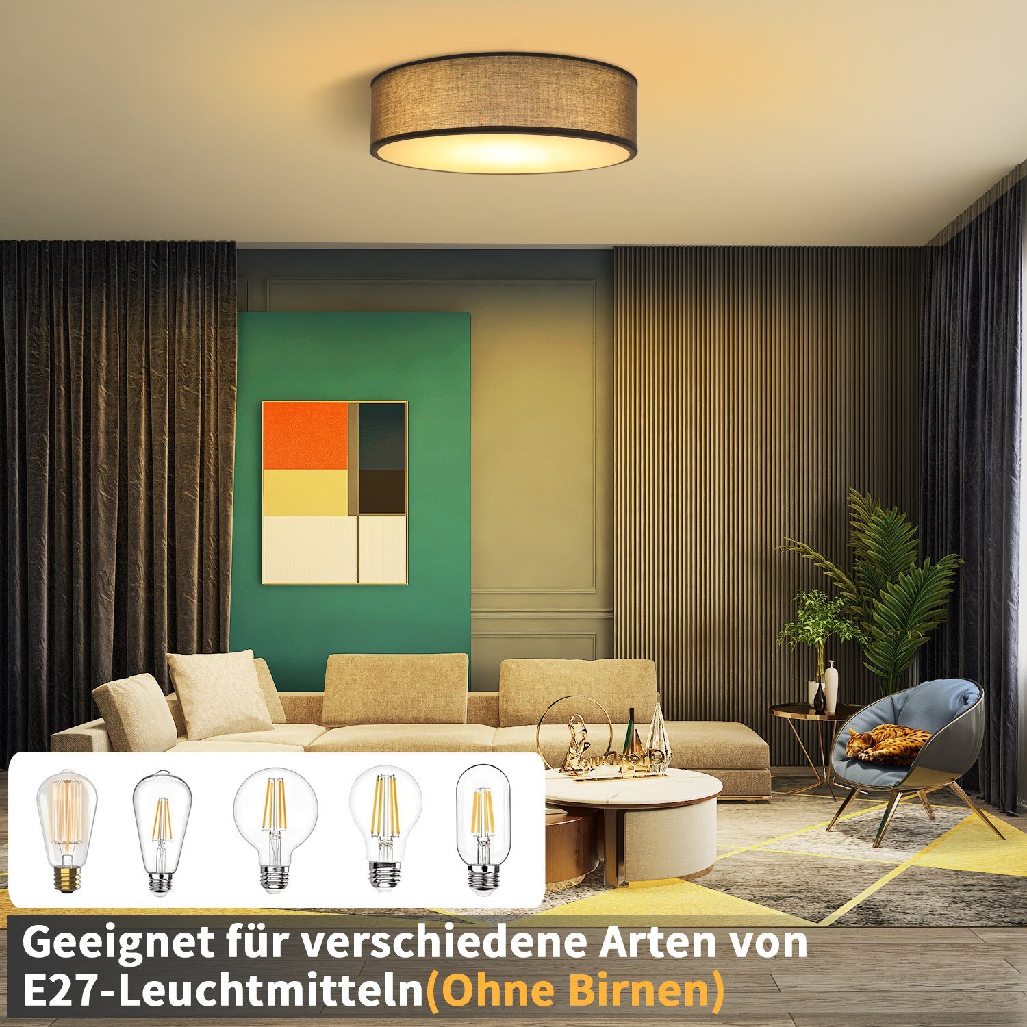 mit E27, runde Deckenlampe Deckenlampe, Ø30CM Dunkelgrau 1-Flammig Deckenleuchte Stoffschirm ZMH Leuchtmittel, ohne