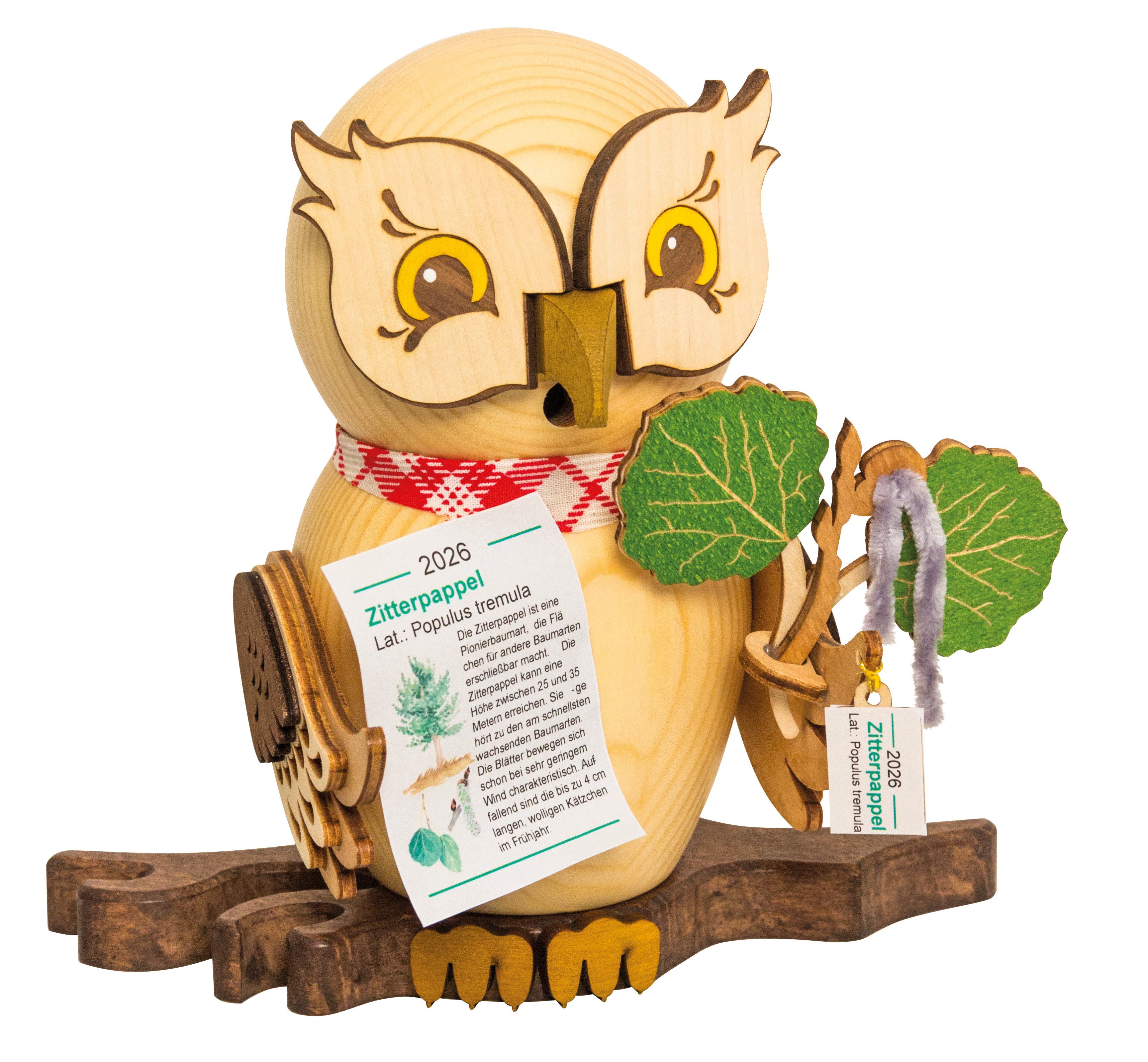 Kuhnert Räuchermännchen Jahreseule 2026 - mit dem Thema "Zitterpappel" - ca. 15 cm - aus Holz, für Räucherkerzen der Größe M (Standard) - Made in Germany