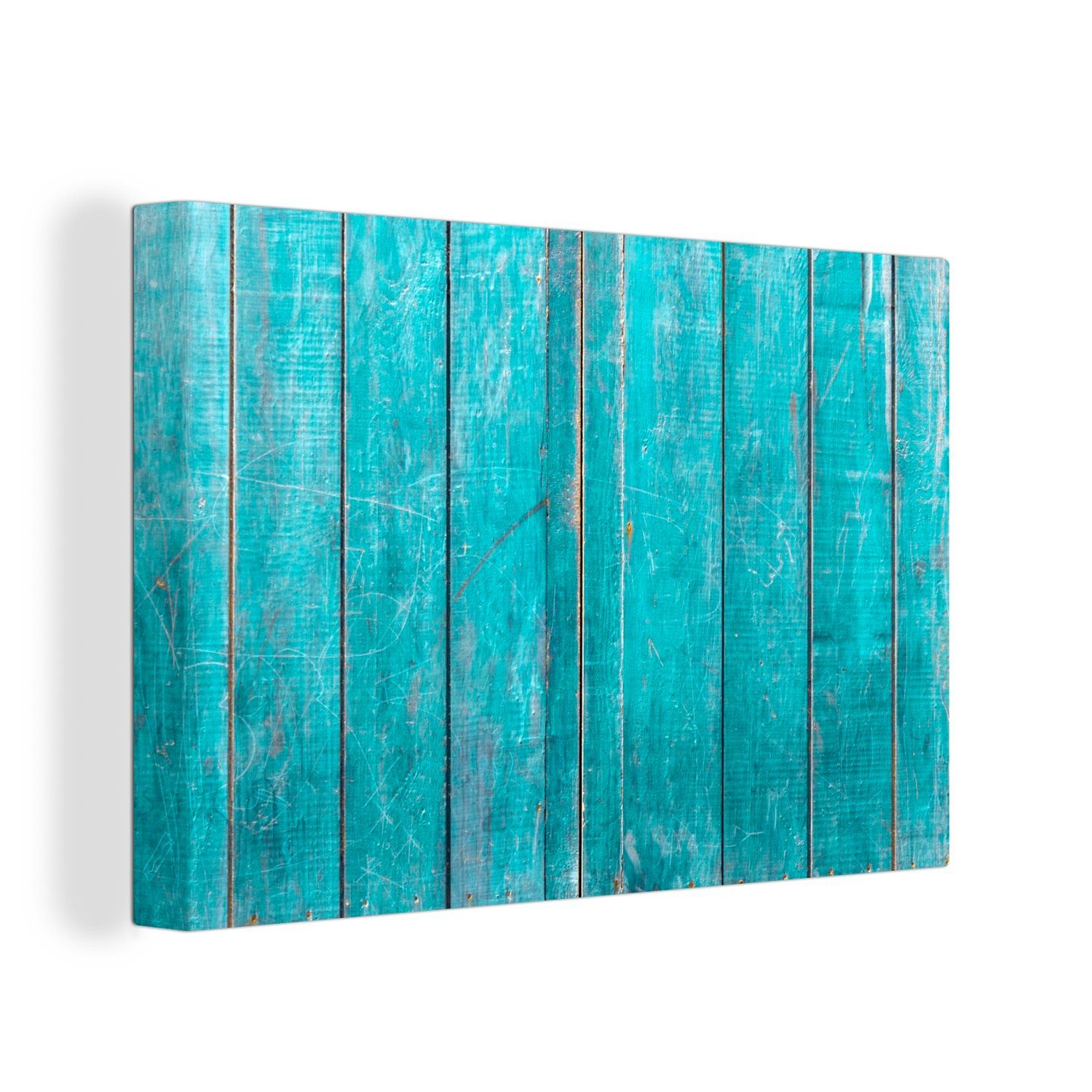OneMillionCanvasses® Leinwandbild Holzstruktur mit türkisfarbenem Anstrich, (1 St), Wandbild Leinwandbilder, Aufhängefertig, Wanddeko, 30x20 cm