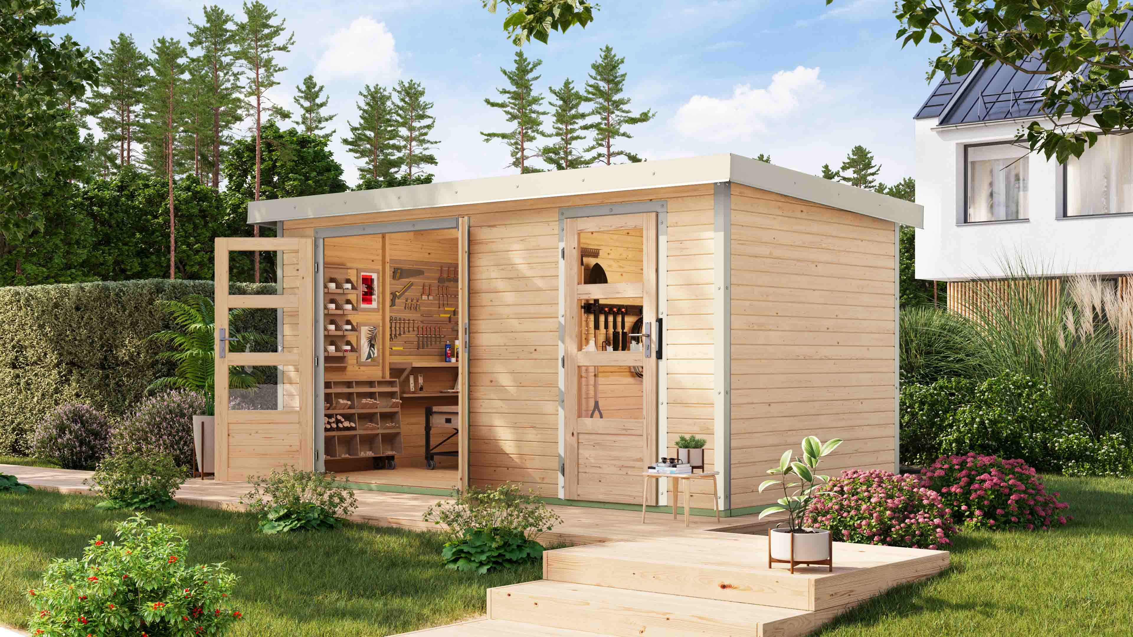 Karibu Gartenhaus "Merkur A", BxT: 400,5x213,5 cm, langlebige Kombination aus Holz- und Metallelementen