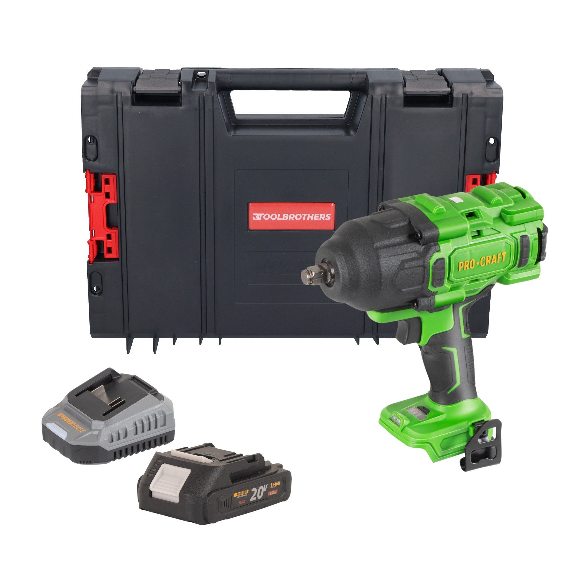PRO CRAFT Akku-Schlagschrauber PWA80bb 20 V 1600 Nm + 1x Akku 2,0Ah + Ladegerät + RHINO Toolcase
