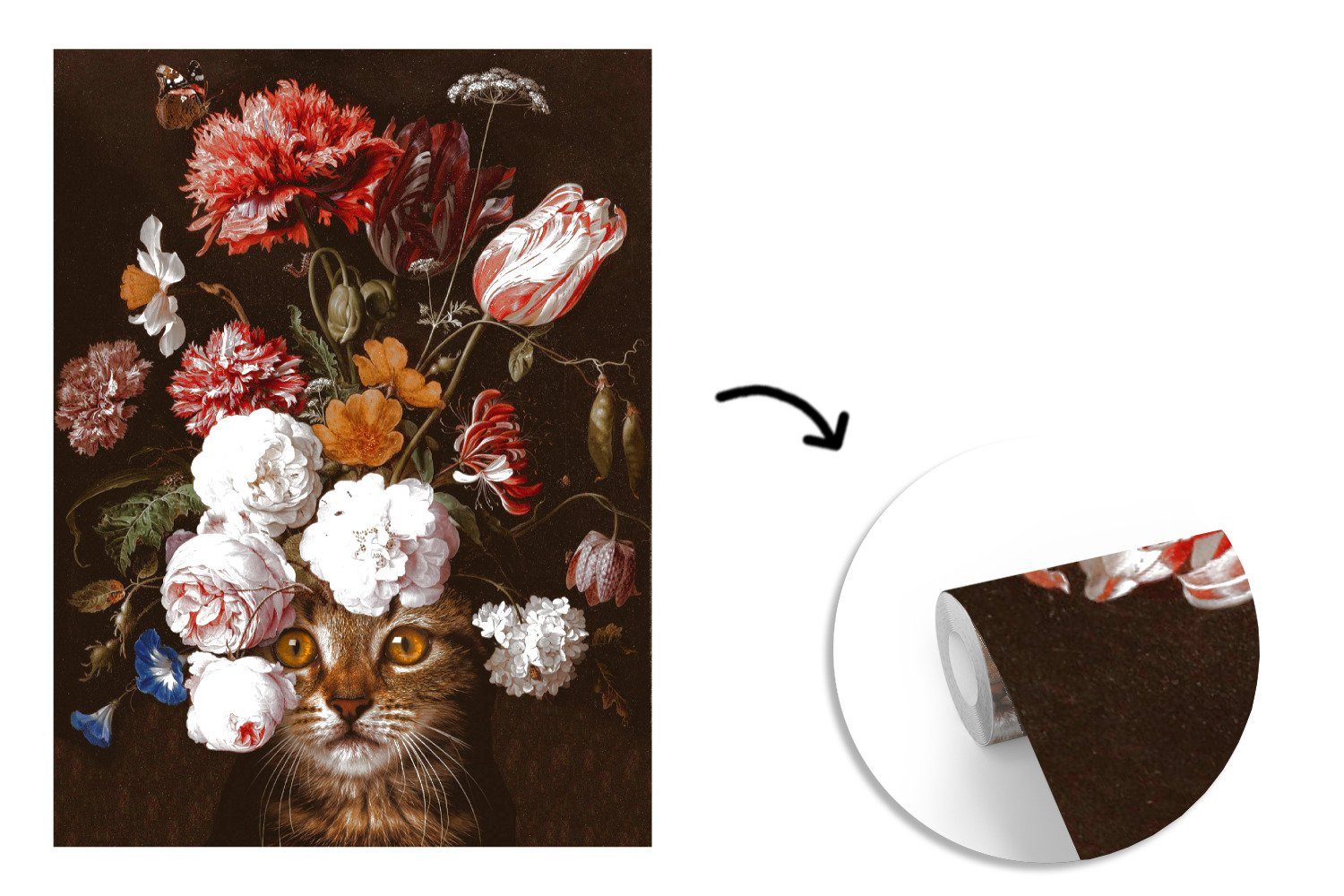 Blumen für Vinyl Wohnzimmer, Tapete St), Fototapete Flora, - Wandtapete (4 Montagefertig bedruckt, Matt, - Katze MuchoWow