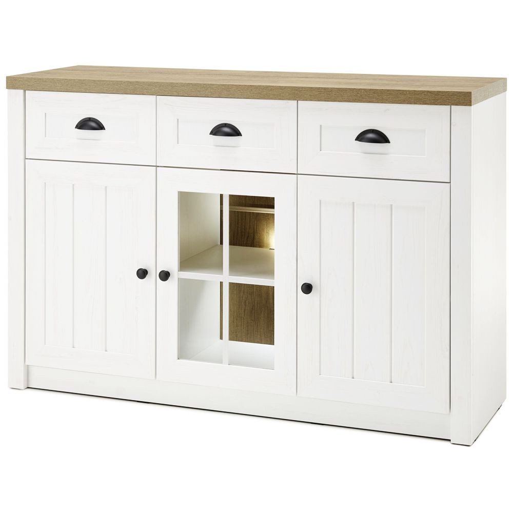 Lomadox Sideboard PISA-61, Landhaus-Anrichte in Pinie weiß und Eiche hell, B/H/T : 130/86/43 cm