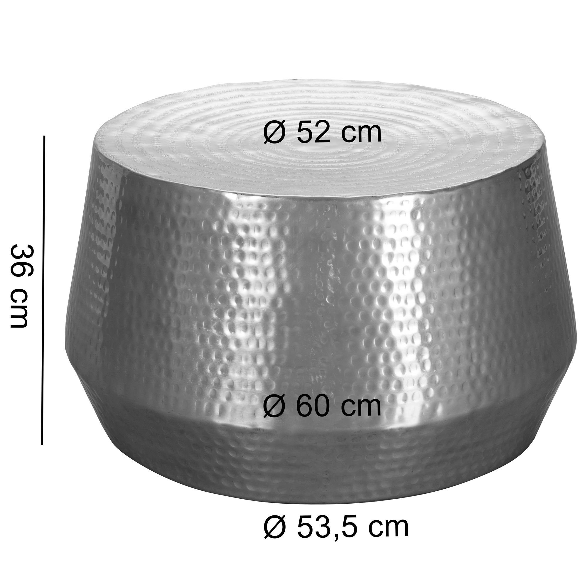 Wohnling Couchtisch WL5.493 Aluminium Orientalisch cm (60x36x60 Hammerschlag Wohnzimmertisch, Kleiner Sofatisch Rund), Silber