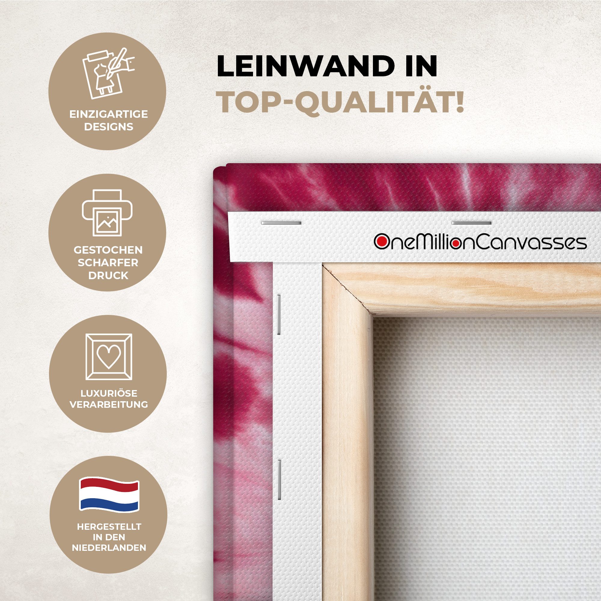 OneMillionCanvasses® Leinwandbild Herzform - Rosa - Krawattenfärbung, Fotodruck (1 St), Wandbild, Deko Schlafzimmer Wohnzimmer Flur 20x20 cm