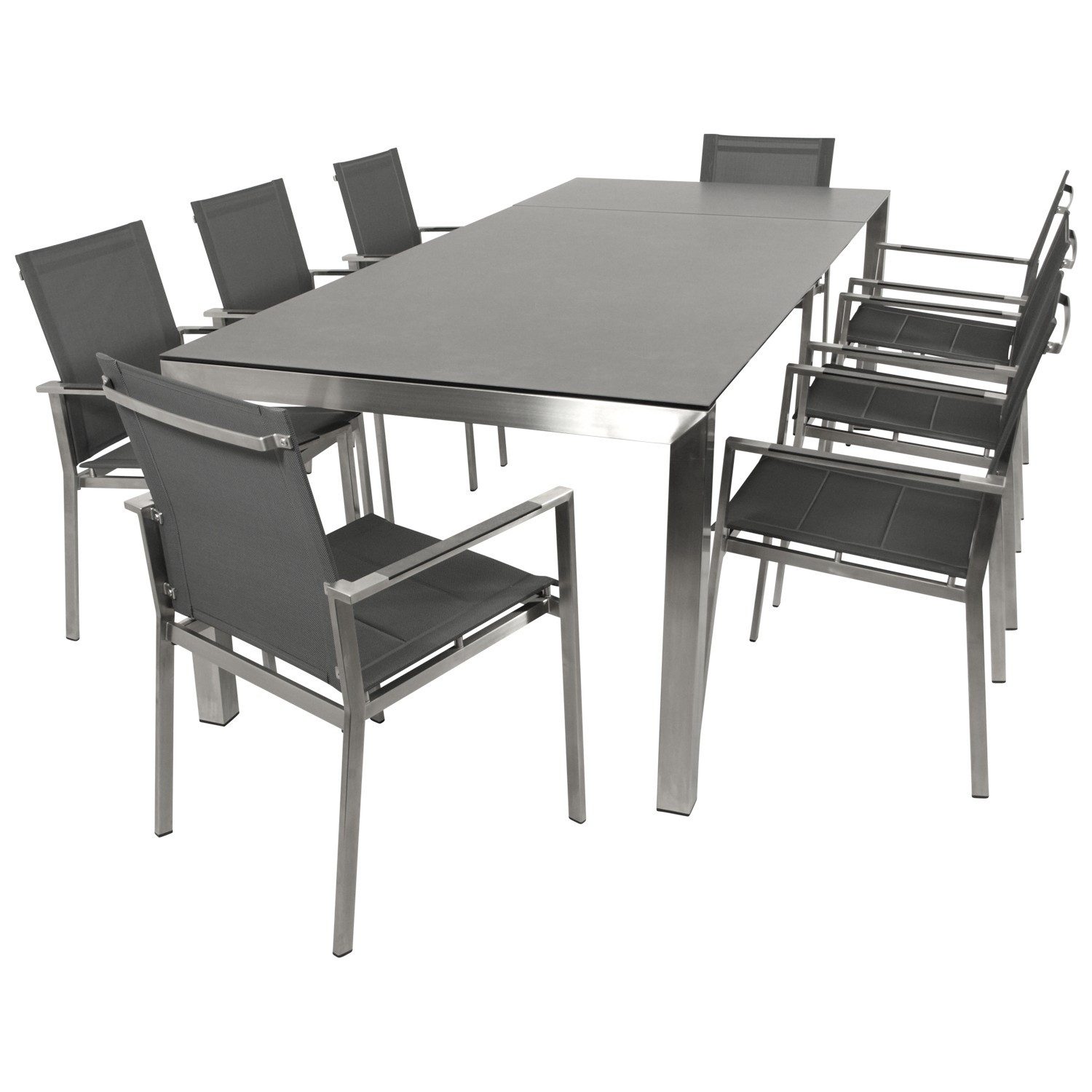 DEGAMO Garten-Essgruppe SYDNEY Edelstahl, (9-tlg., 8x Stapelsessel, 1x Ausziehtisch 180/240x100cm), Oberfläche gebürstet, Tischplatte Keramikoptik ausziehbar, wetterfest
