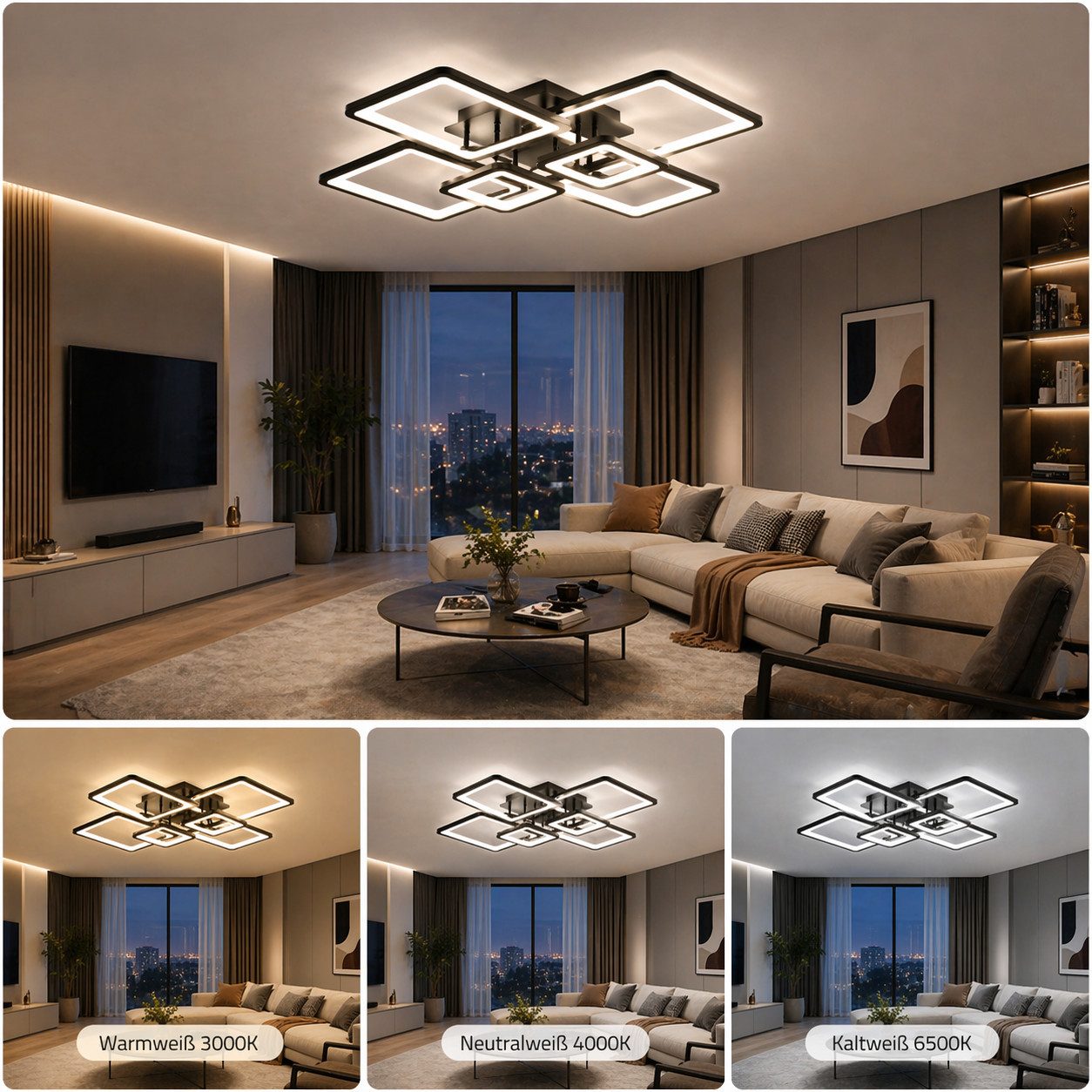 OYLCDI Deckenleuchten LED Deckenlampe 6 Rahmen,Dimmbar mit Fernbedienung für Wohnzimmer, LED fest integriert, 72W 3000-6500k, Modern Runde Wohnzimmer Schlafzimmer Arbeitszimmer Esszimmer Dekoration Lampen, Mit Speicherfunktion Timer-Funktion.Lichtfarbe- und Helligkeit einstellbar