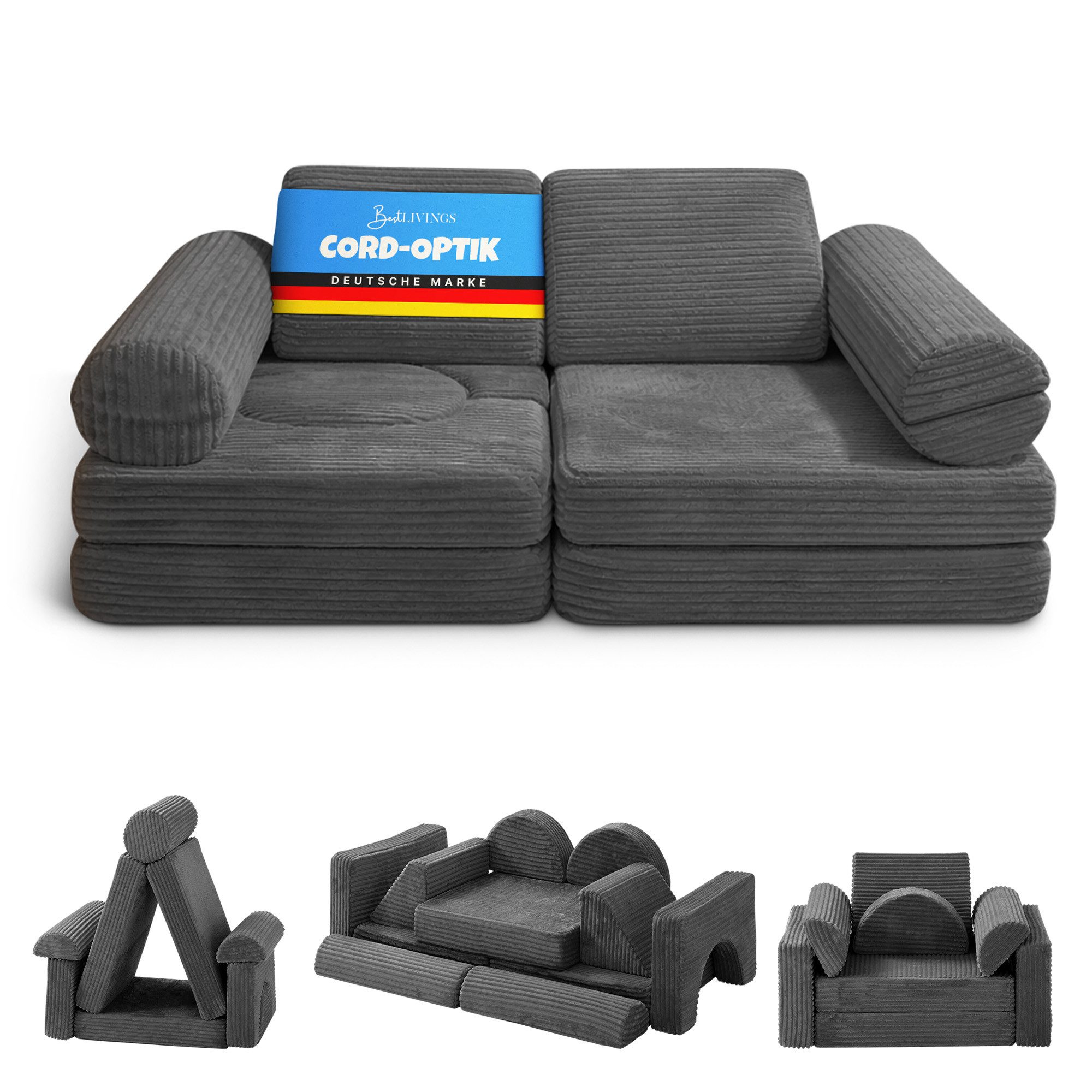 Bestlivings Kindersofa modulares Spielsofa aus Cord, 11 Teile, Schaumstoff, formstabil, erweiterbar, mit waschbarem Bezug