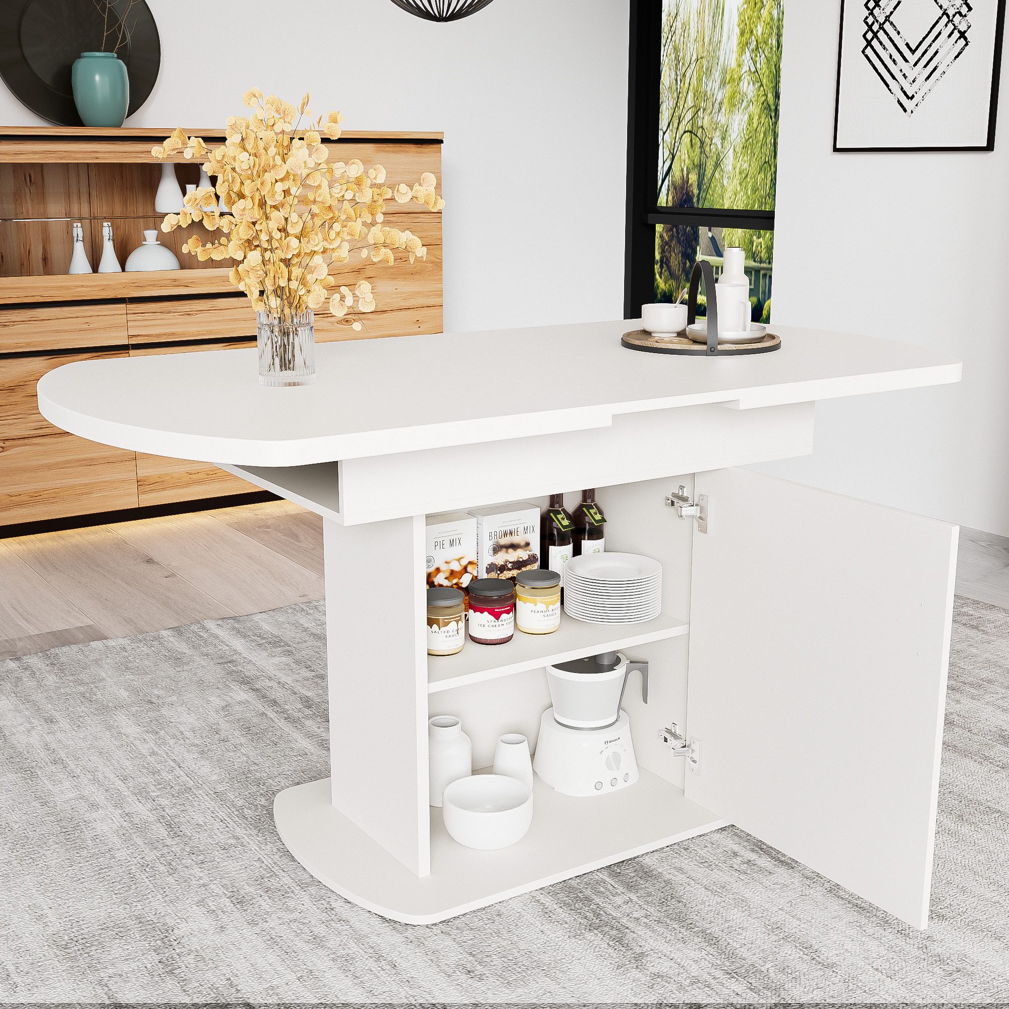 STILVORA Esstisch mit Regal,Wohnzimmertisch Küchentisch ausziehbar mit silberner Griff (Arbeitstisch, Schreibtisch,Küchentisch, 1-St., 2 Staufächer und 1 Aufbewahrungsschränke), ovaler, ausziehbar 110-130cm Tischplatte,mit Stauraum