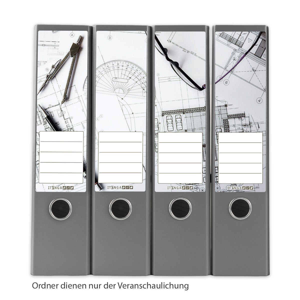 itenga Etiketten itenga 12er Set Ordneretiketten als Panorama Motiv technische Zeichnun