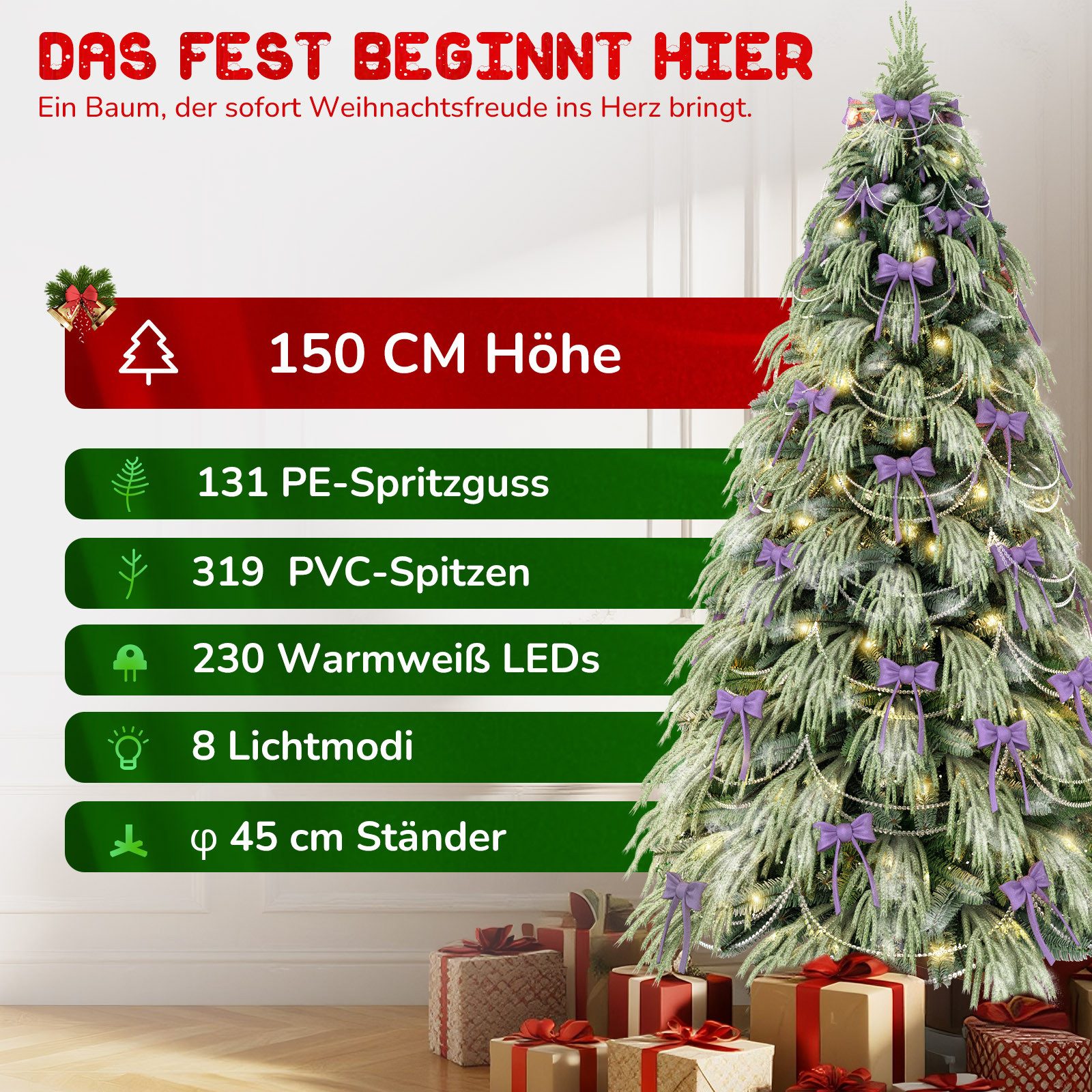 Ferghana Künstlicher Weihnachtsbaum 150/180/210/250CM mit Weiß Schnee 450/850/1115/1500PVC/PE Baum-Spitzen, Kleiner Tannenbaum,Edeltanne, 230/280/330/550 LED Be – Bild 3 von 5