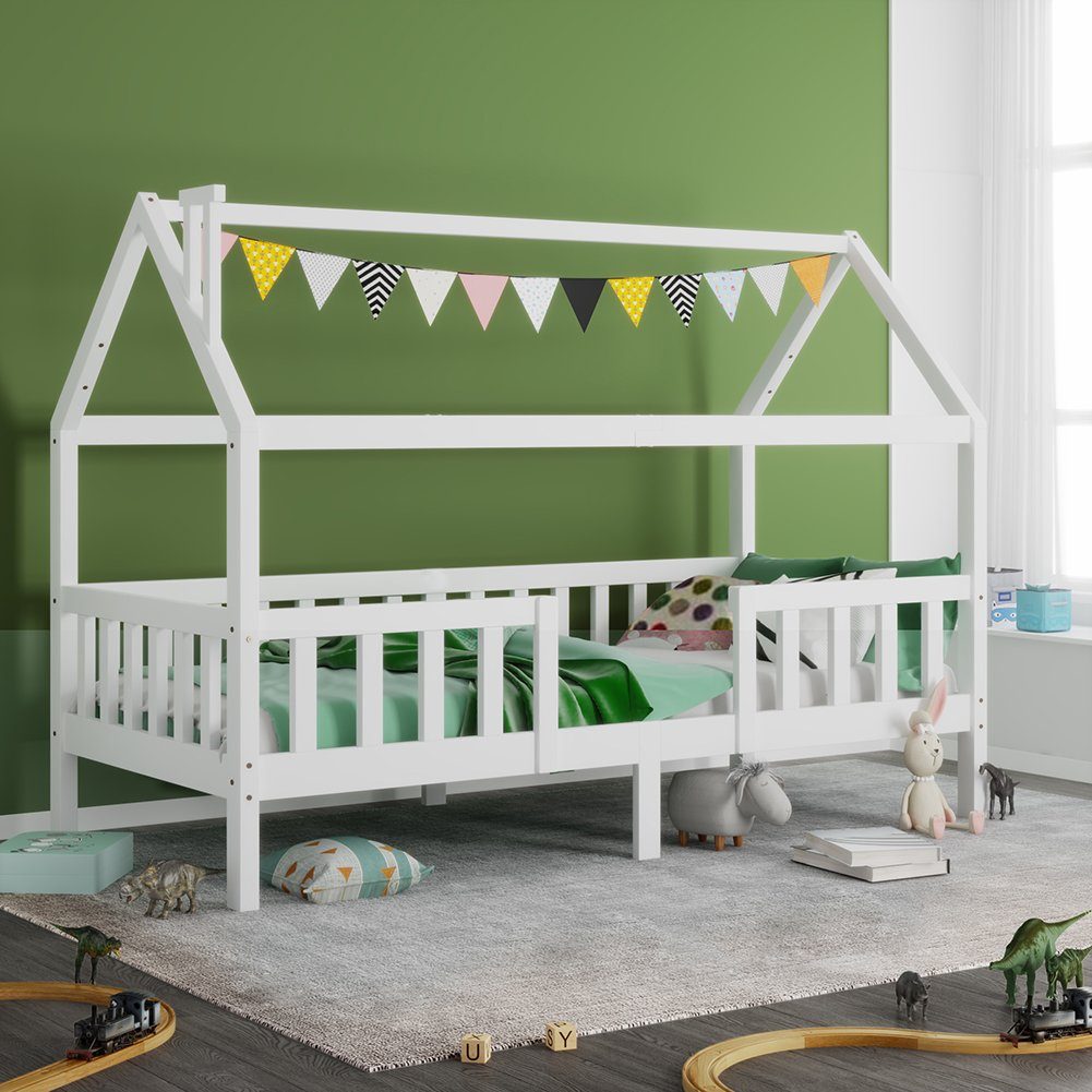 Kinderbett (Hausbett 90 x 200 cm), mit Schornstein, Rausfallschutz und Lattenrost, aus Kiefernholz
