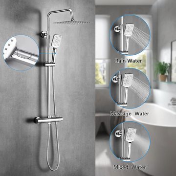 Lovhaus Duschsystem mit Thermostat, Duschset mit 25 * 25cm Quadratisch Regendusche, 3 Strahlart(en), 3 Strahlarten Handbrause und 81-117cm Einstellbar Duschstangen
