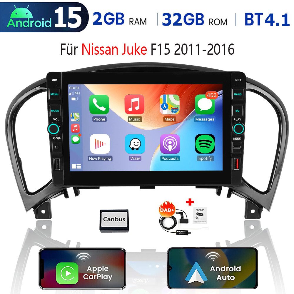 ESSGOO 8" Carplay Android 15 Autoradio Für Nissan Juke F15 2011-2016 GPS Navi Autoradio (RDS, 4+64GB(optional), Digitalradio (DAB), FM, SWC, Carplay Android Auto Bluetooth EQ USB GPS Navi WIFI Touchscreen)