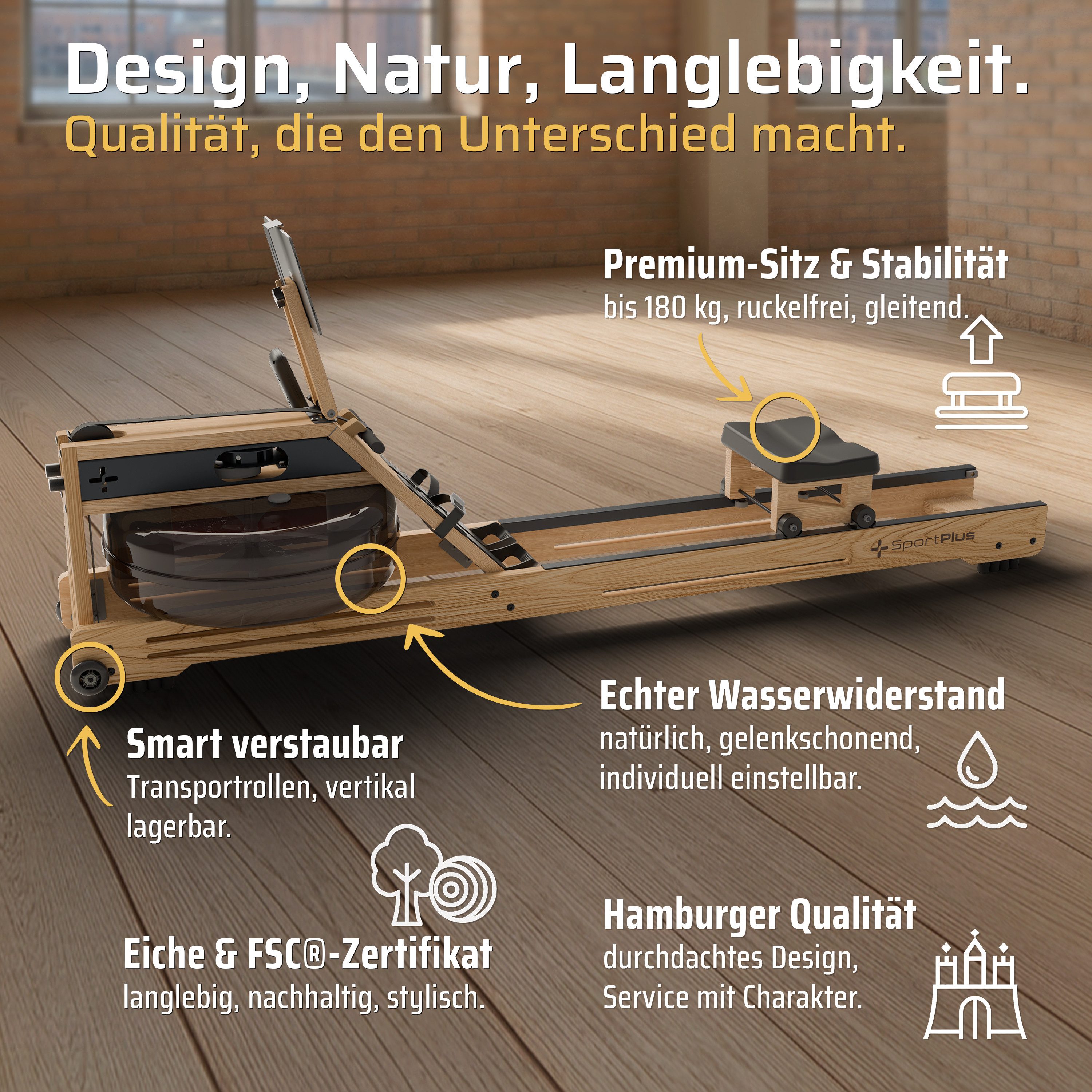 SportPlus Rudergerät SP-WR-1800, Holz-Wasser-Rudergerät, aus Natur-Massivholz, FSC®-zertifiziert.