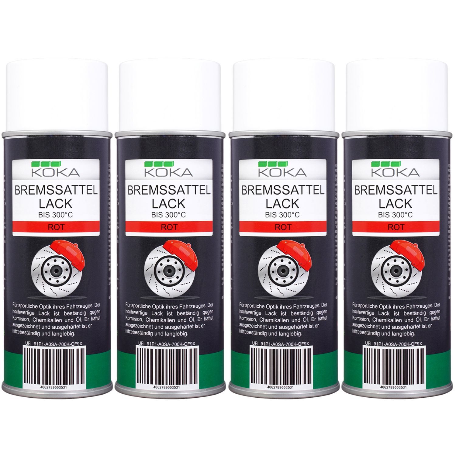 KOKA Sprühlack 4x Set Bremssattellack Rot Thermolack, DIY Spray Hitzebeständig 300°C Bremsen Auto Tuning Bremssattelfarbe