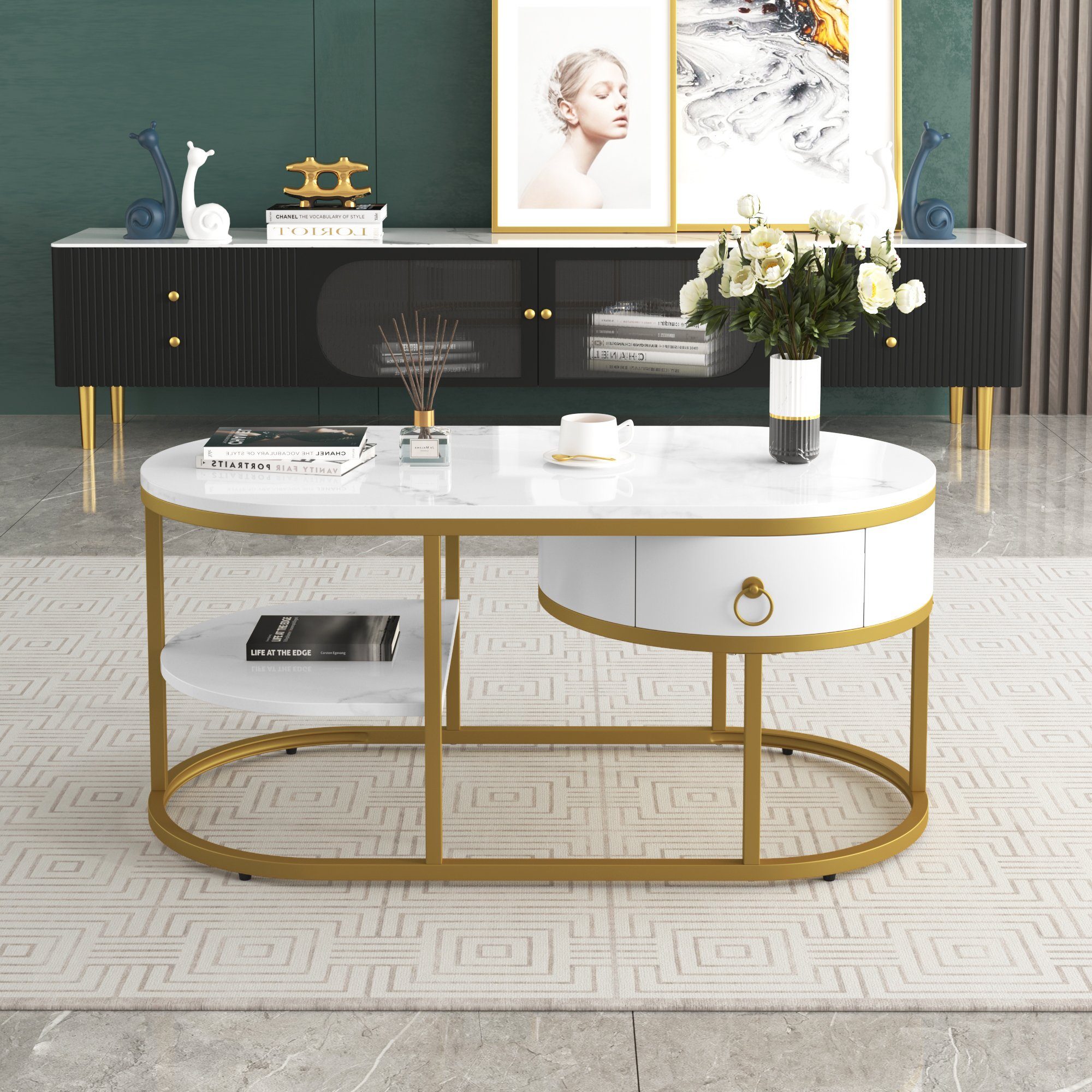 Celya Couchtisch Wohnzimmertisch mit Marmoroptik und goldenem Eisengestell, Beistelltisch mit goldenen Griffen, 100 L x 50 B x 45H(cm) | Couchtische