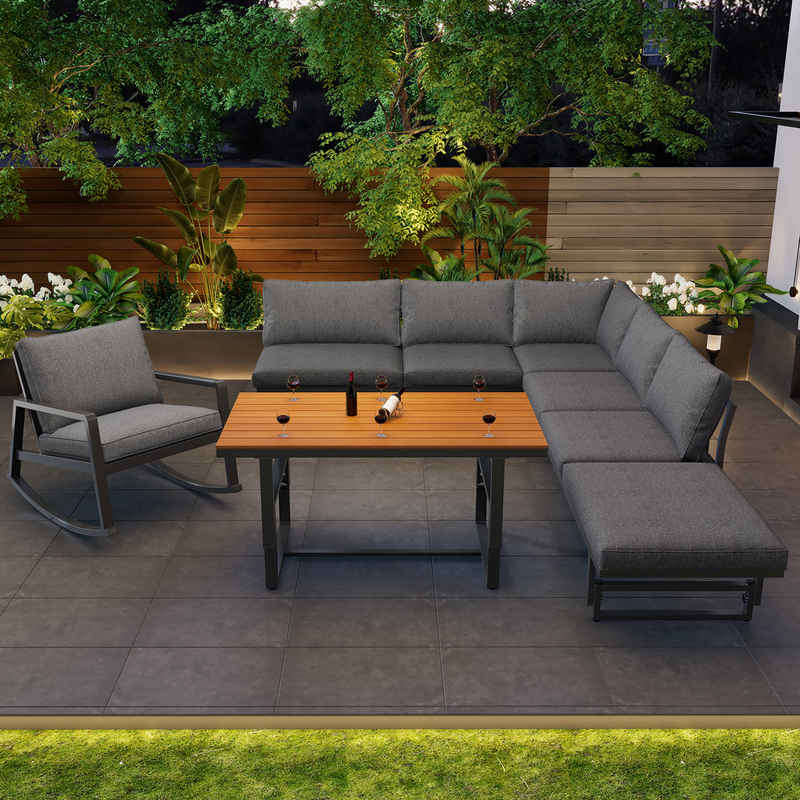 Flieks Gartenlounge-Set, (4-tlg), Multi-kombinierbar Gartenmöbel 3-Sitzer Sofa*2+Tisch*1+Schaukelstuhl*1