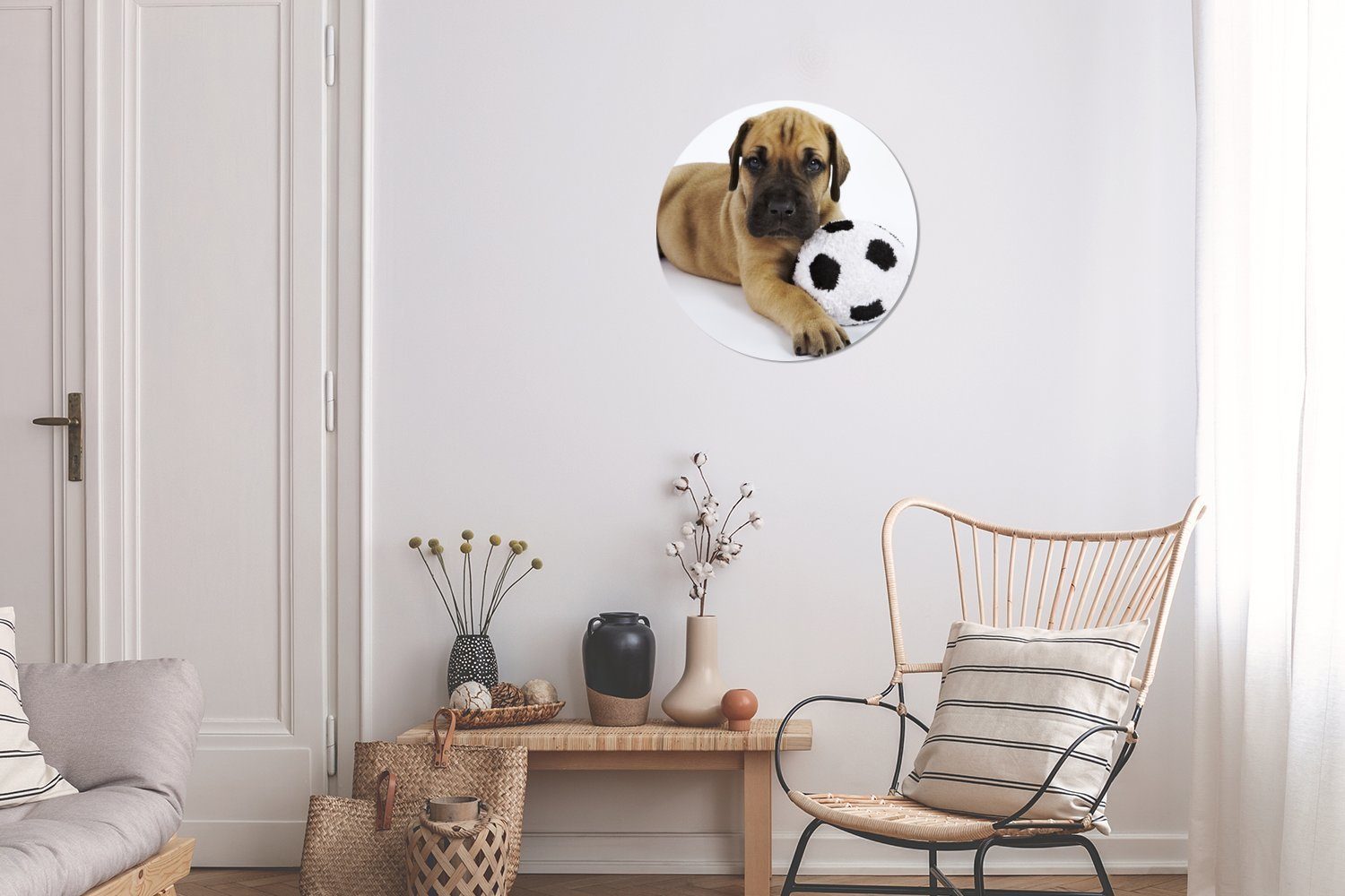 MuchoWow Kreis Wohnzimmer, Fußball, cm Gemälde 30x30 Ein Wanddekoration Rundes Welpe St), mit Forex, Wandbild, (1 einem brauner