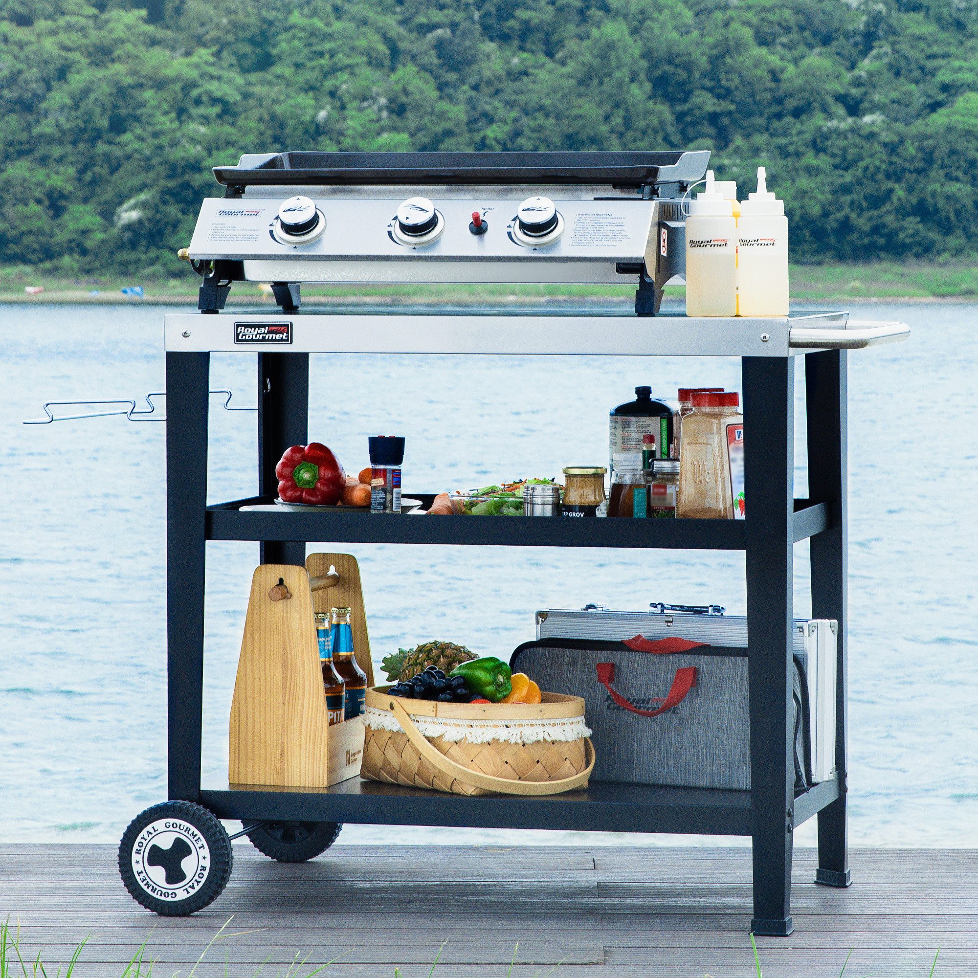Royal Gourmet Grillablagetisch Servierwagen 3-Etagen mit Müllsackhalter Küchenwagen, Edelstahl Beistelltisch Outdoor, 117B x 59T x 81H cm – Bild 3 von 5