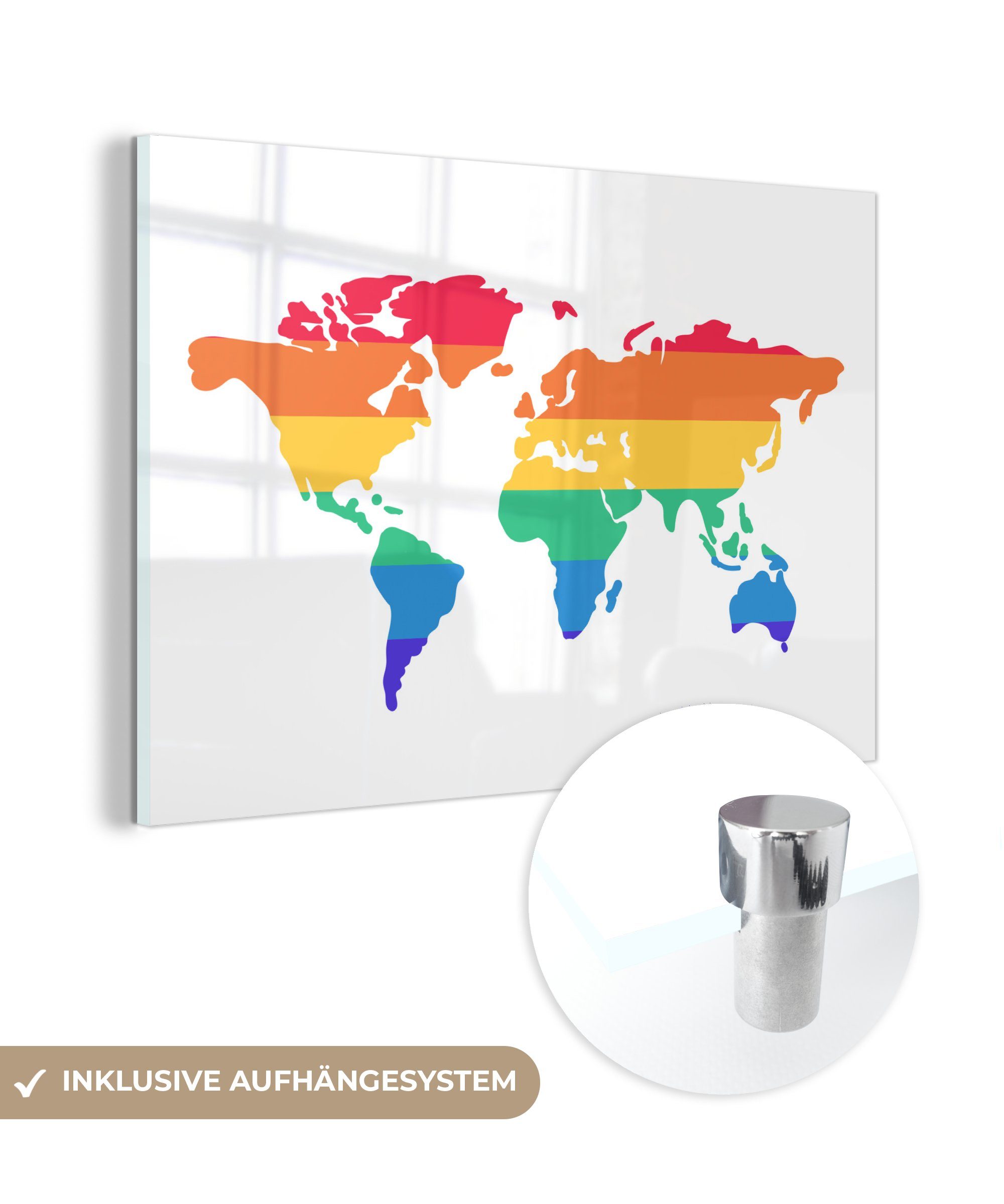 MuchoWow Acrylglasbild Weltkarte - Stolzflagge - Regenbogen, (1 St), Acrylglasbilder Wohnzimmer & Schlafzimmer