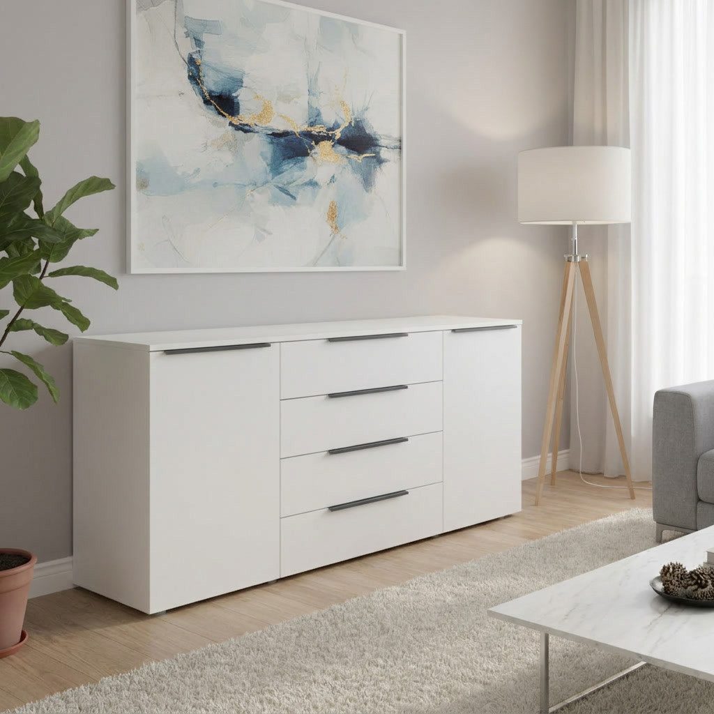 borchardt Möbel Sideboard Tom, moderne Kommode mit dunklen Metallgriffen, 166cm, 2 Türen 4 Schubfächer, variable Einlegeböden, viel Stauraum