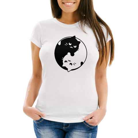 MoonWorks Print-Shirt Katzen T-Shirt Damen Ying Yang Cats Motiv Moonworks® mit Print