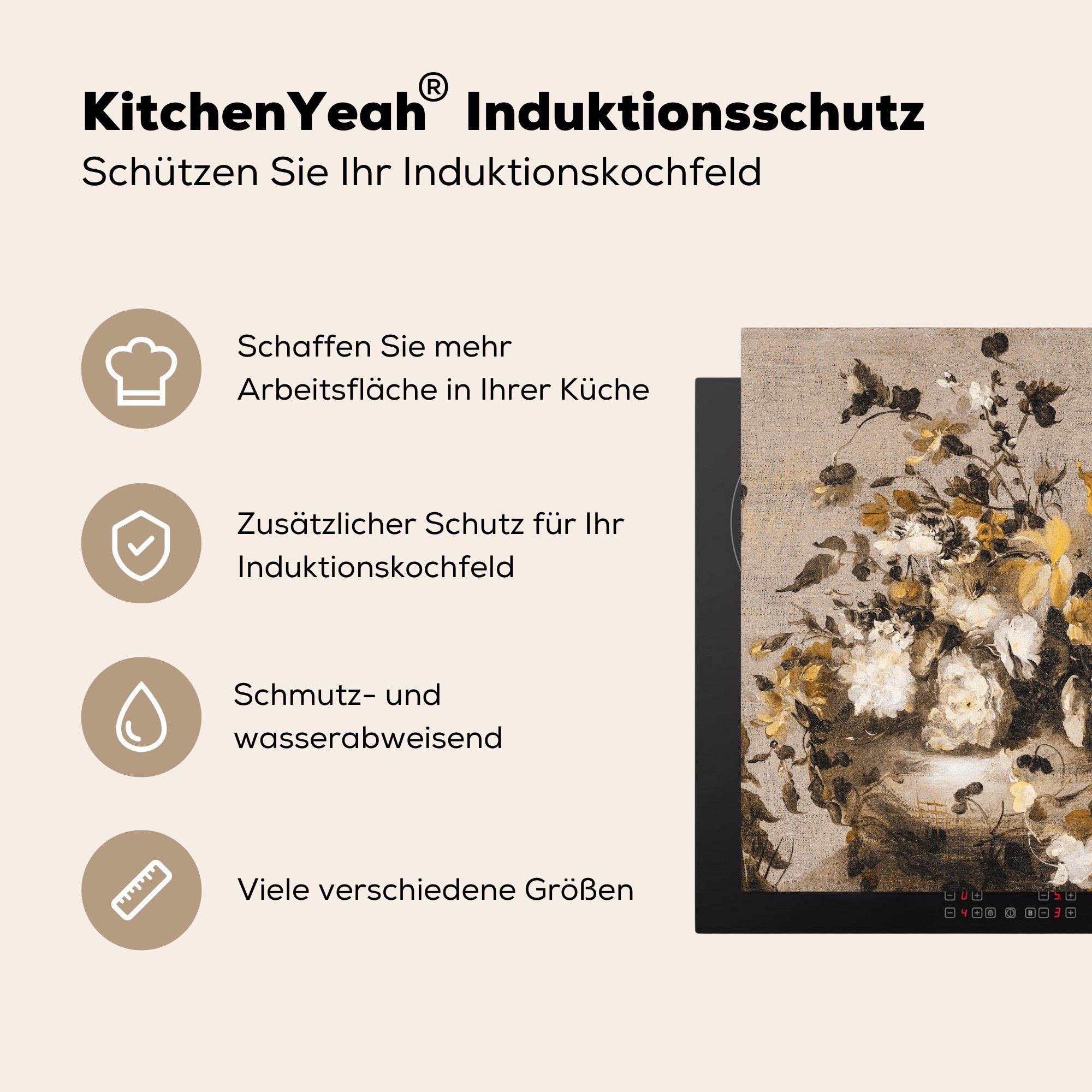 MuchoWow Alte Herdblende-/Abdeckplatte - Gelb, Blumen (1 Arbeitsplatte cm, 78x78 Meister tlg), küche Vinyl, - Ceranfeldabdeckung, für