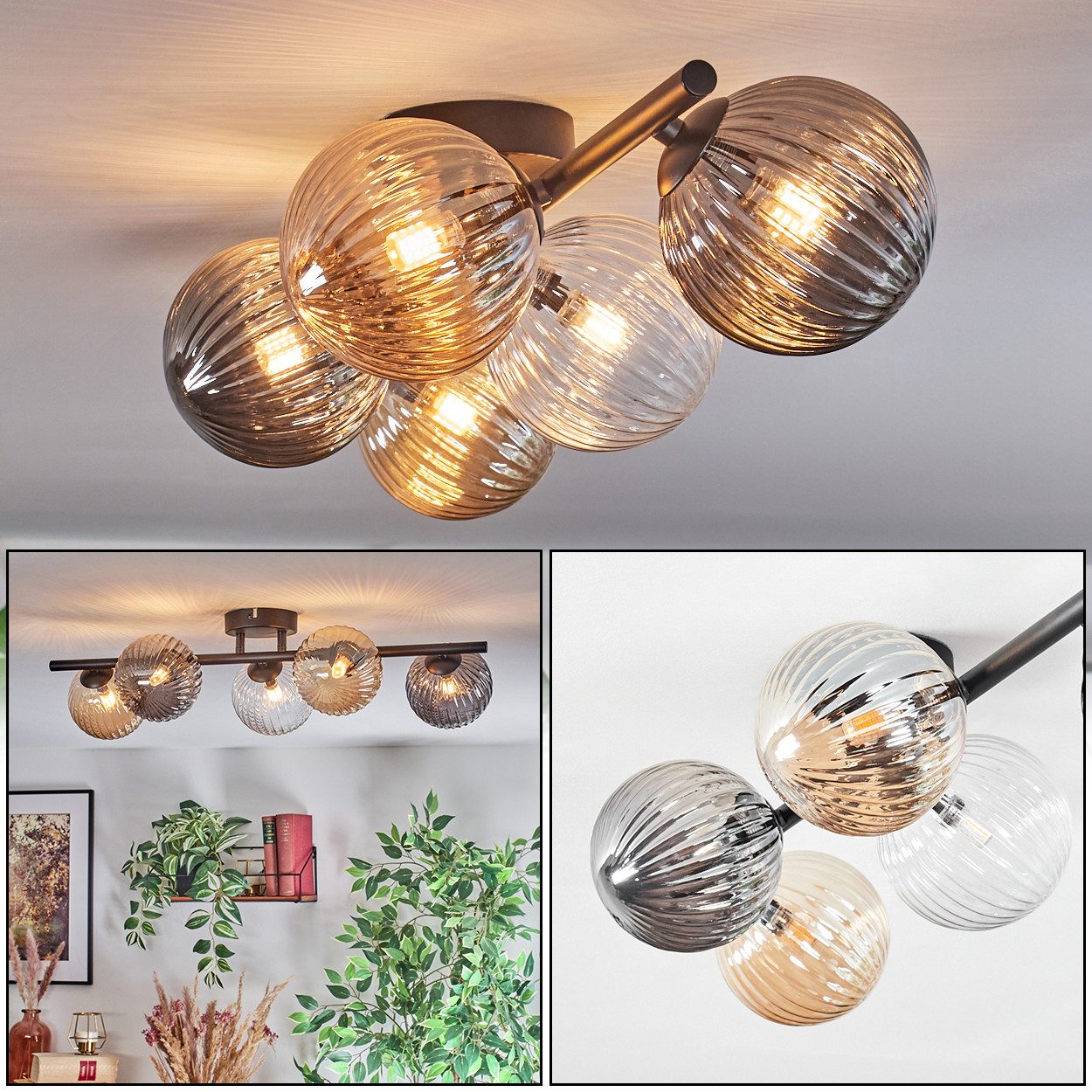 hofstein Deckenleuchte Deckenlampe aus Metall/Riffelglas in Schwarz/Bernstein/Rauch/Klar, Deckenleuchte im modernen Vintage-Design (Schirme Ø 12 cm), 5 x G9
