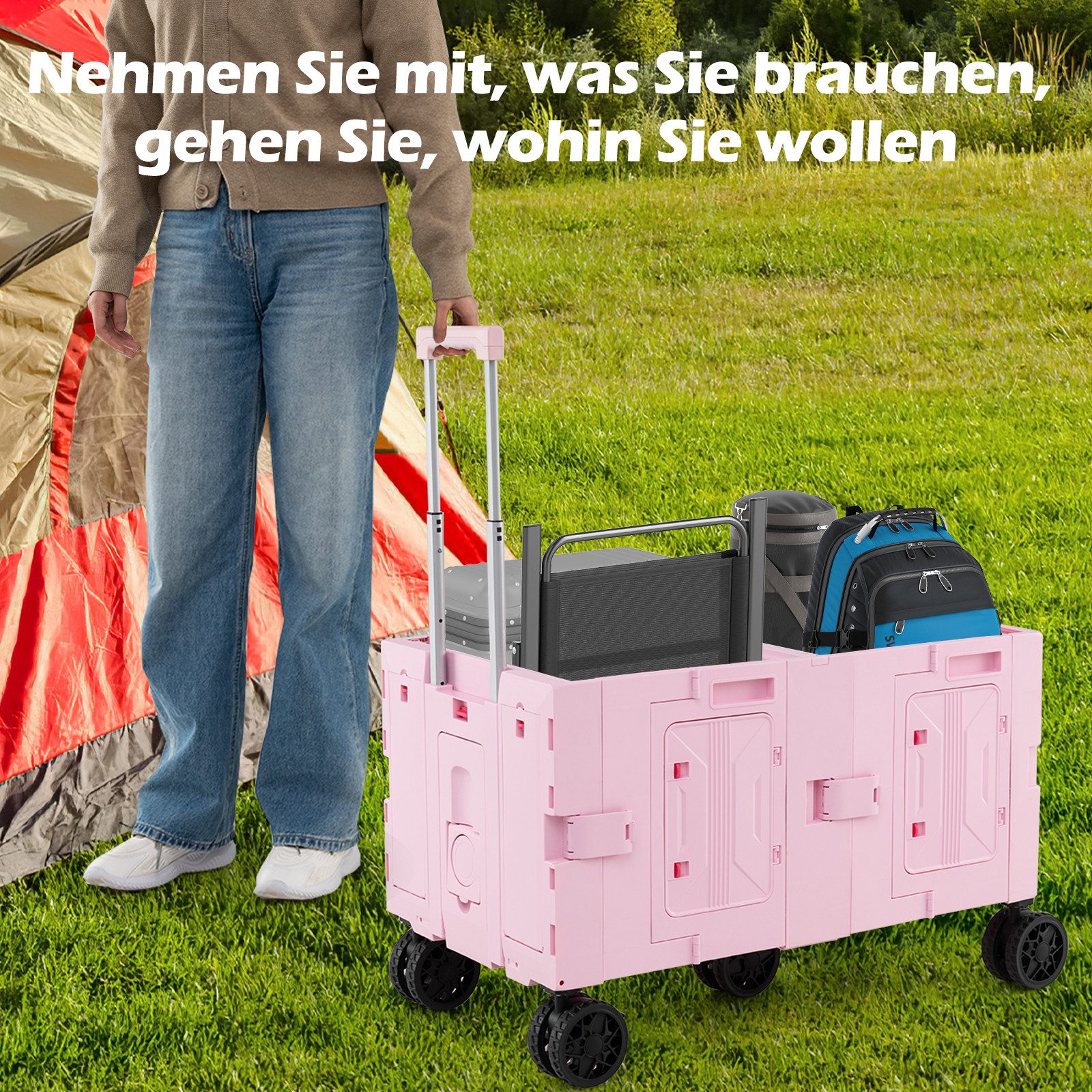 KOMFOTTEU Bollerwagen, Campingwagen mit 150L Volumen, Griff & Getränkehalter