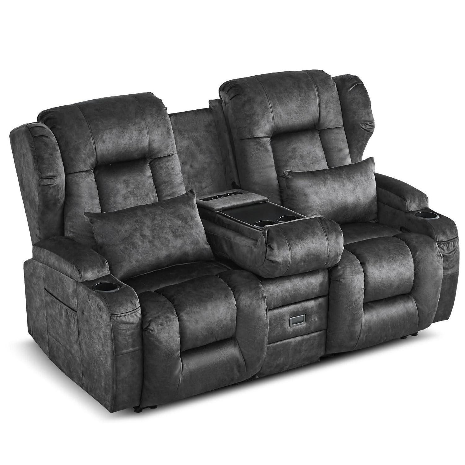 LuxusKollektion Loveseat Relaxsessel Zweisitzer Samtstoff Grau Klappbare Mittelkonsole