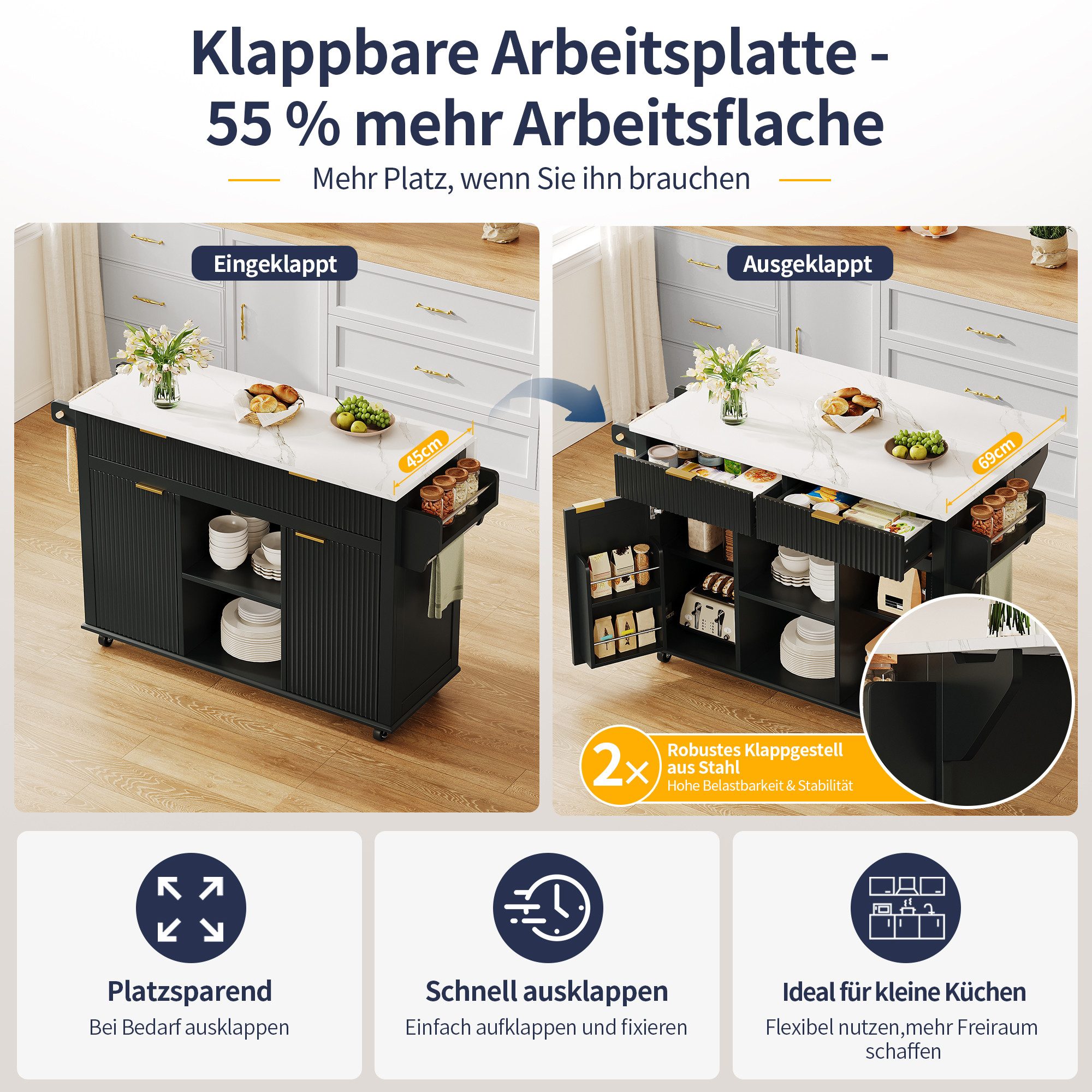 i@home Kücheninsel Küchenwagen, (auf Rollen klappbar Arbeitsplatte freistehend), mit Schubladen Türen Türablagen Gewürzregale